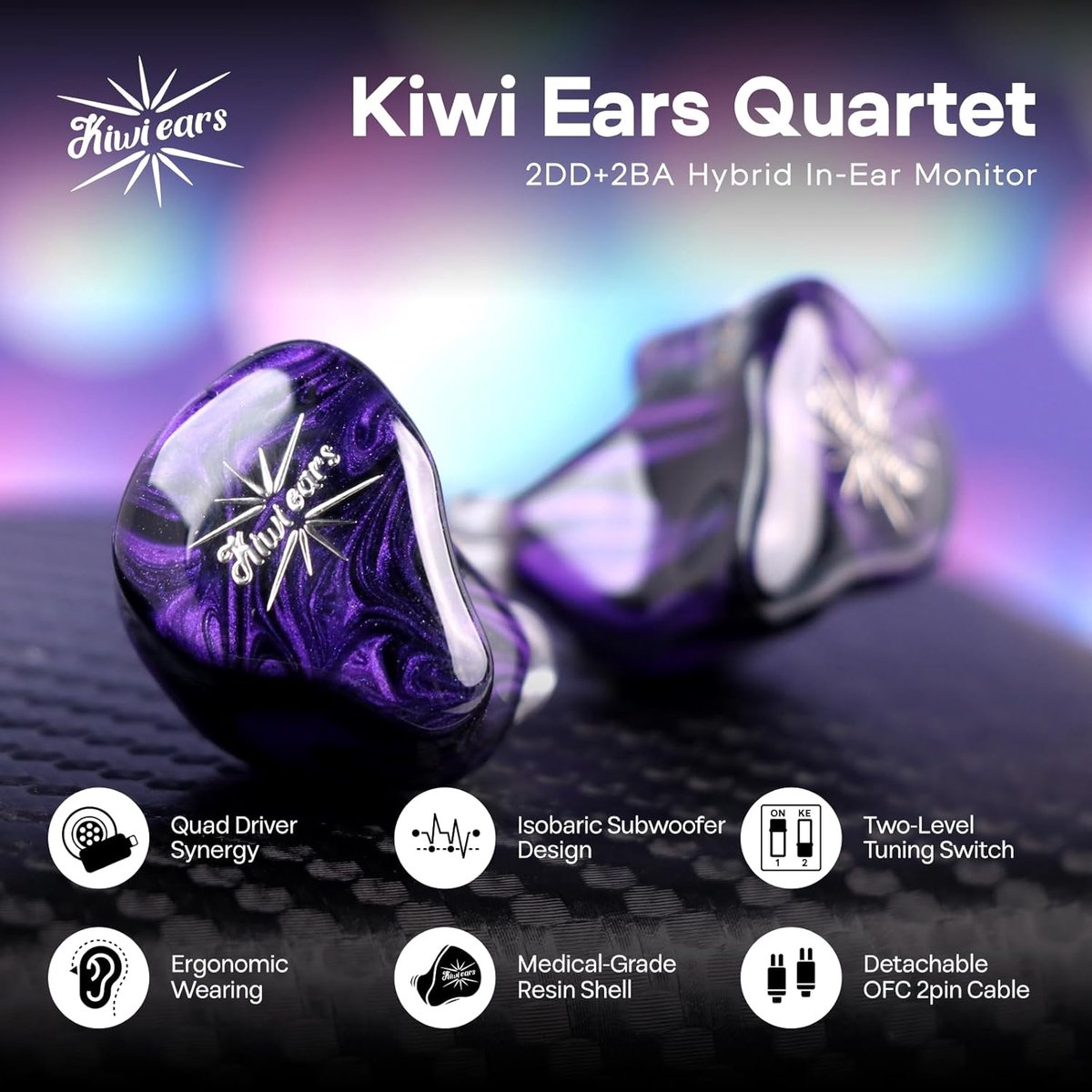 Écouteurs intra-auriculaires Kiwi Ears Quartet violets et noirs. Comprend un pilote quadruple, un caisson de basses isobarique, un commutateur de réglage et un câble détachable.