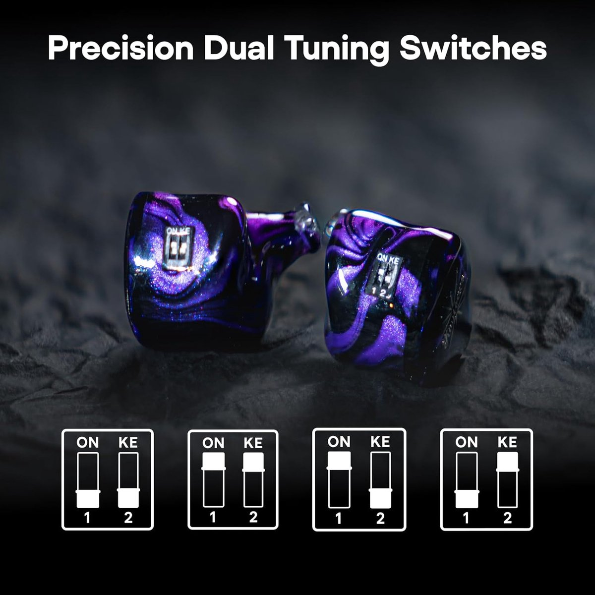 Deux écouteurs intra-auriculaires avec des tourbillons violets et noirs. En dessous, quatre schémas montrent des positions de commutateur étiquetées 'ON KE' avec les chiffres 1 et 2.