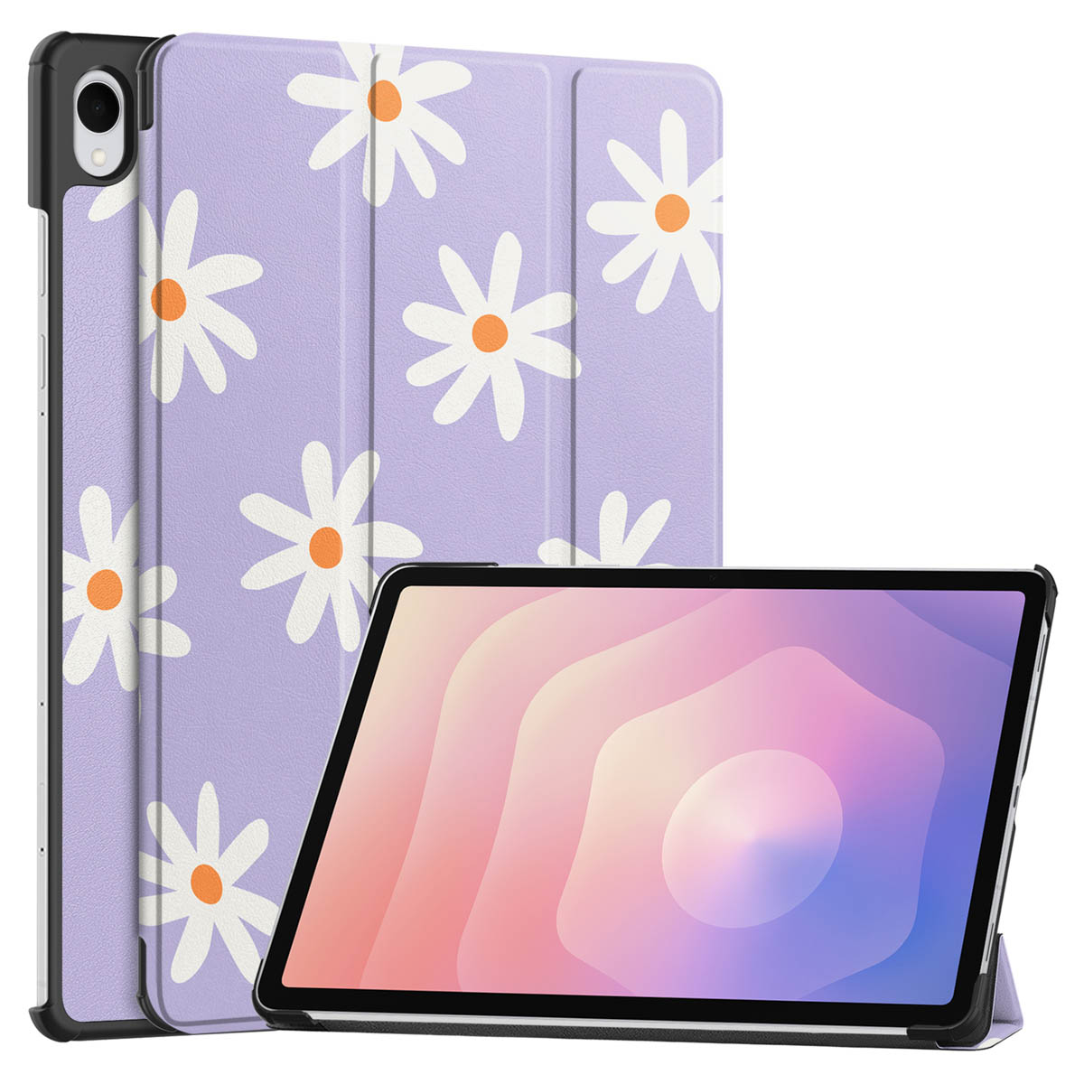 Een tablet met een hoesje met madeliefjespatroon in paars. Het tabletscherm toont een roze en paarse gradiënt.