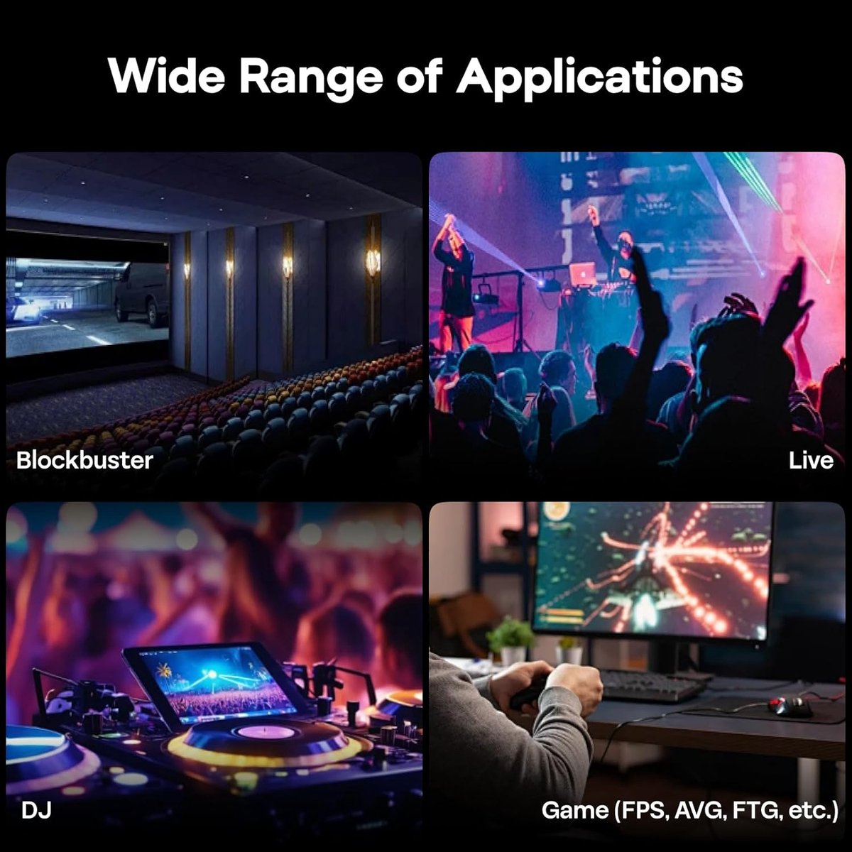 L'image montre des applications : un cinéma, un concert, une configuration de DJ et une personne jouant à un jeu sur un ordinateur.