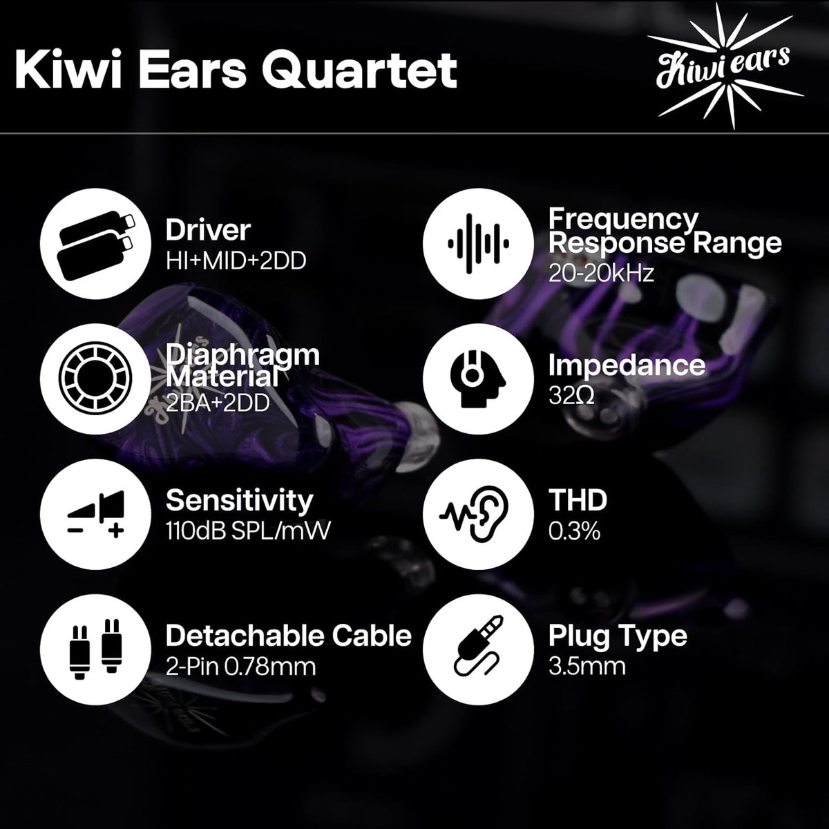 L'image présente les écouteurs Kiwi Ears Quartet avec des spécifications telles que le type de pilote, la réponse en fréquence, l'impédance et les détails du câble.
