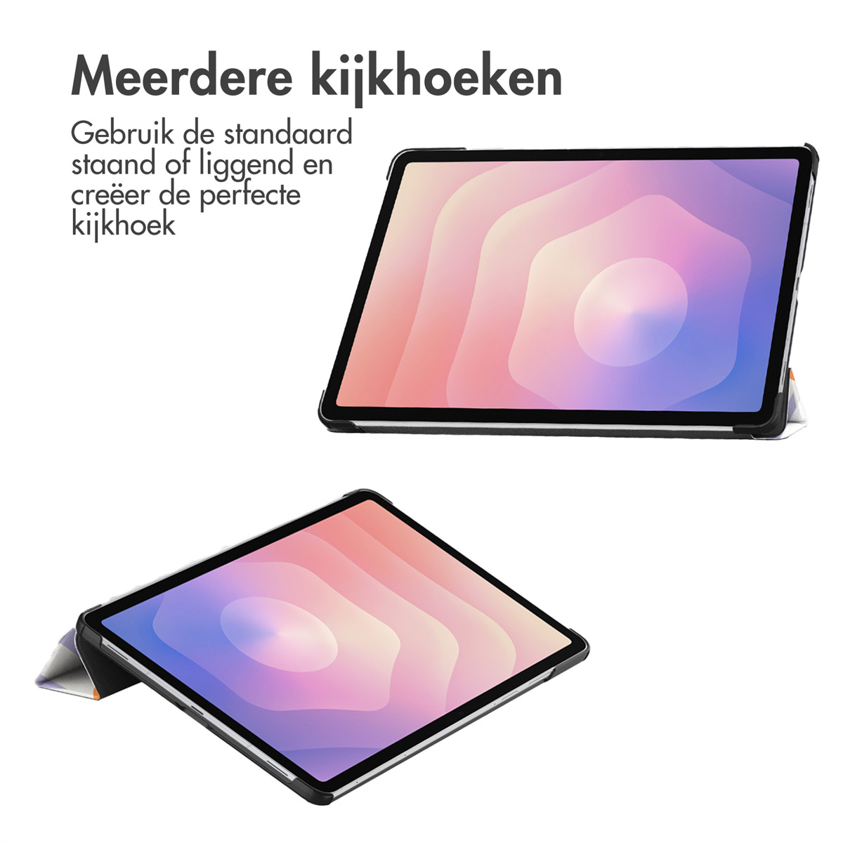 Twee tablets worden weergegeven, de ene boven de andere. Ze zijn zwart en tonen een gradiëntachtergrond. Tekst in het Nederlands bovenaan.