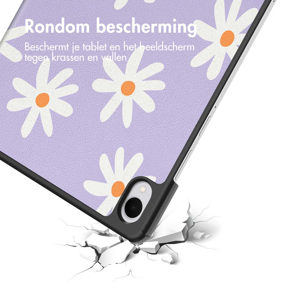 Tablethoesje met madeliefjespatroon op paarse achtergrond. De hoes ligt op een gebarsten oppervlak, wat duidt op impactbescherming.