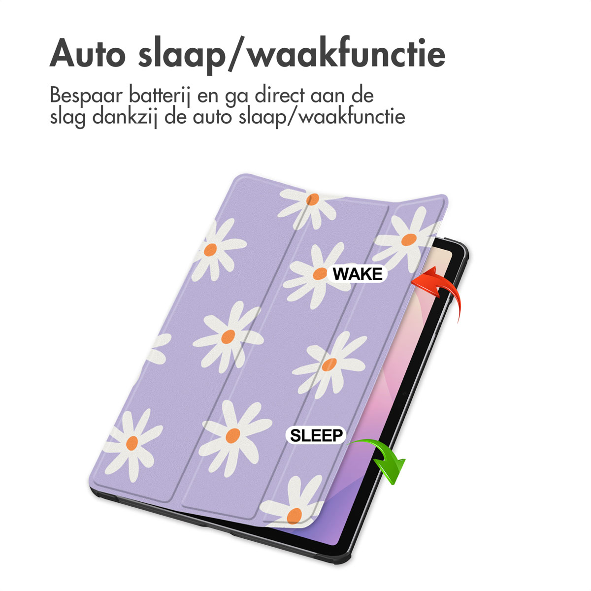 Een tablet met een paarse hoes, versierd met witte madeliefjes. Tekst geeft slaap/wake-functie aan. Pijlen wijzen naar wake- en slaapmodi.