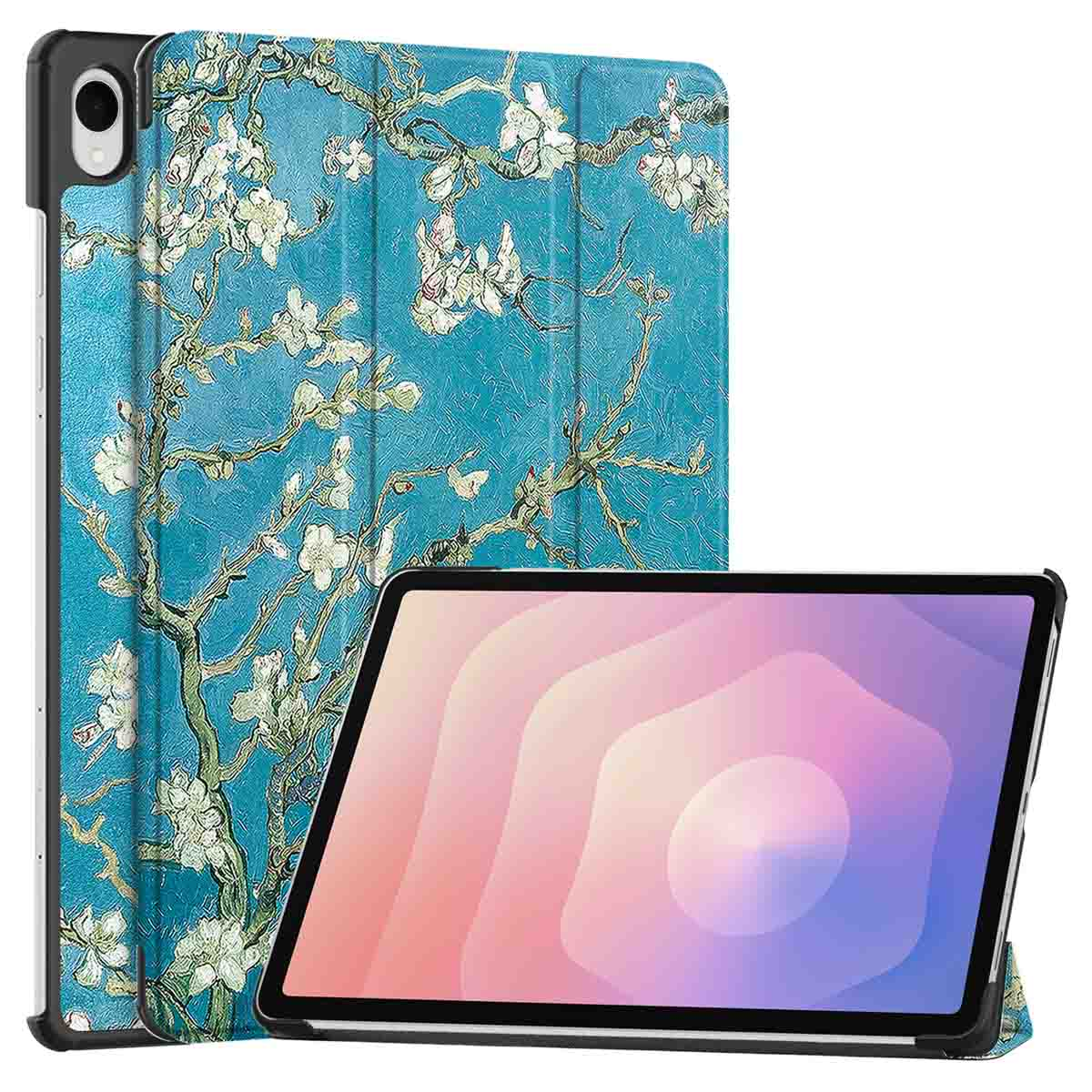 Tablet with a cover featuring a Van Gogh painting of blossoming almond branches against a teal background.
