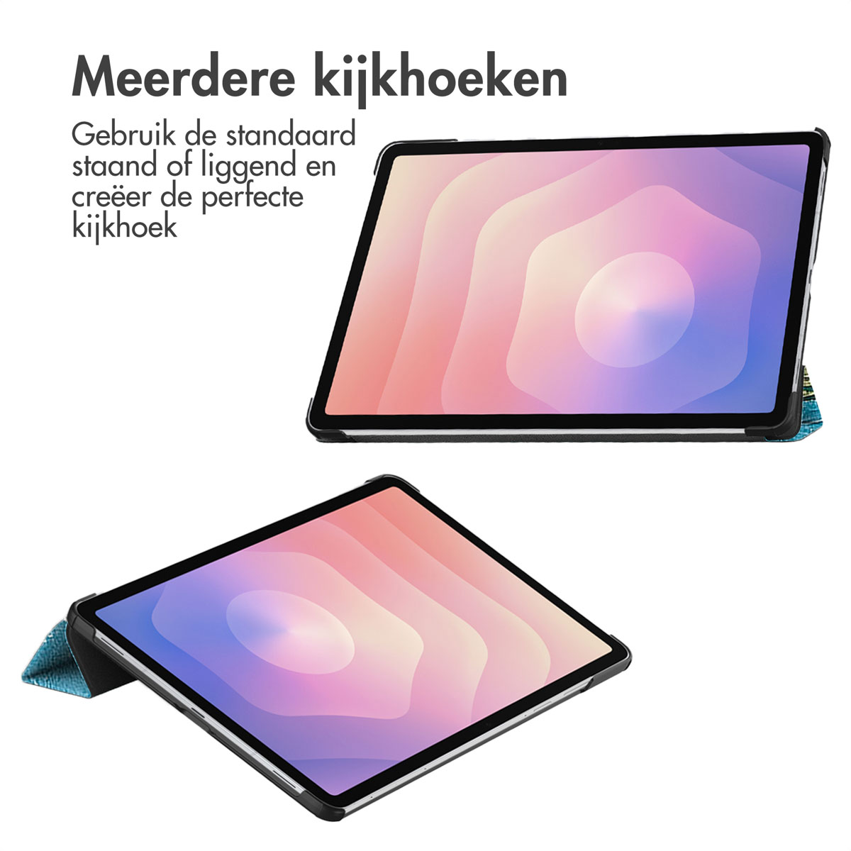 Two tablets with covers. Text in Dutch: 'Meerder kijkhoeken'. The covers show a pink-purple gradient on the screen.