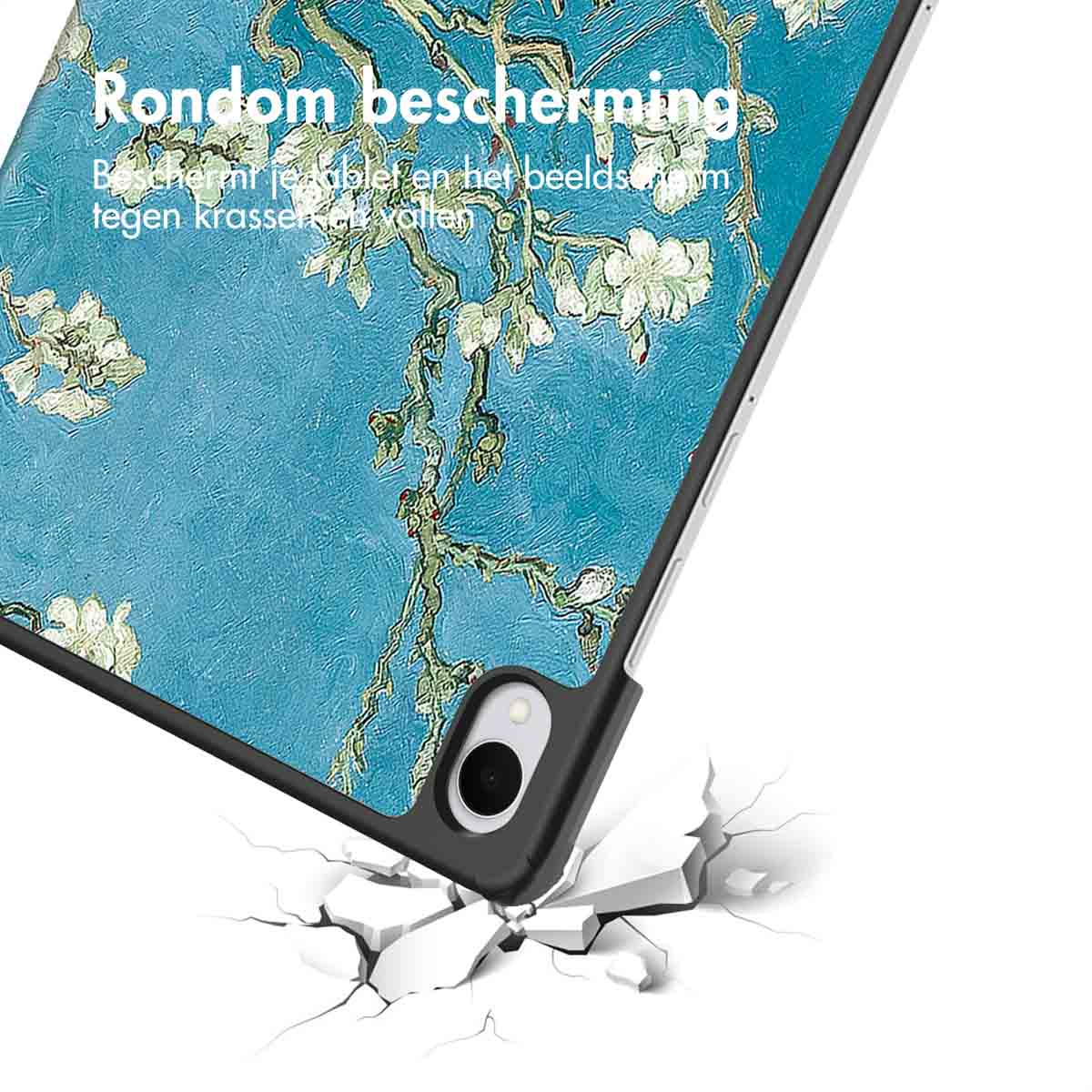 Tablet case with Van Gogh's almond blossoms design. The case is breaking the white surface. The top has text in Dutch.