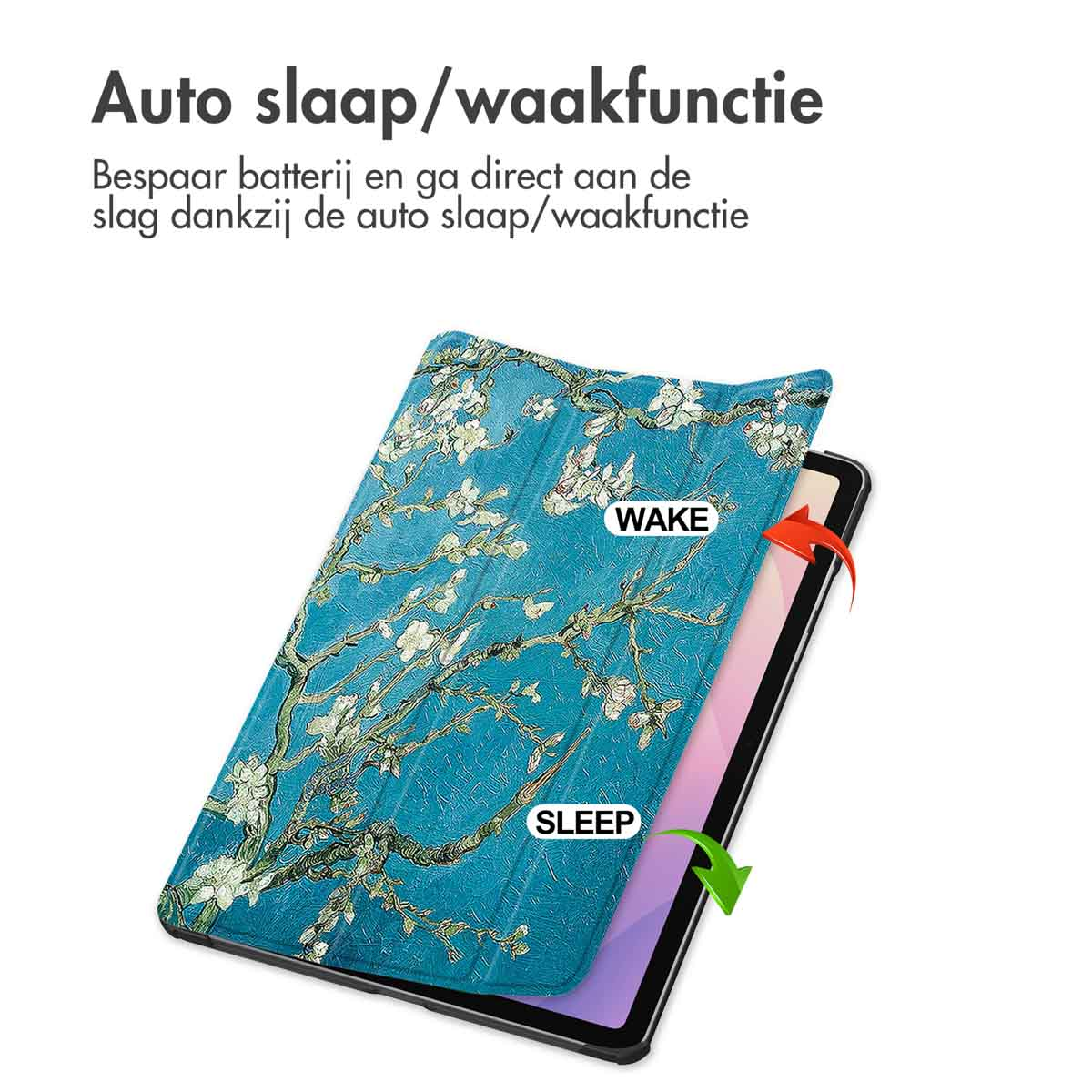 A tablet with a floral case is shown. The case has a blue background and white flowers. Arrows indicate 'wake' and 'sleep' functions.