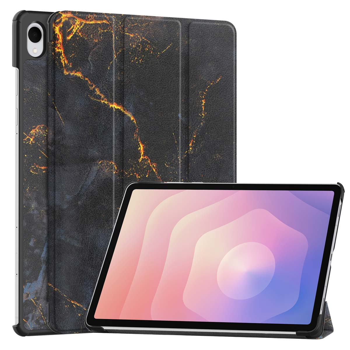 Een tablet met een zwarte hoes, met een marmerachtig ontwerp, is opgezet. Een andere hoes staat er verticaal achter.