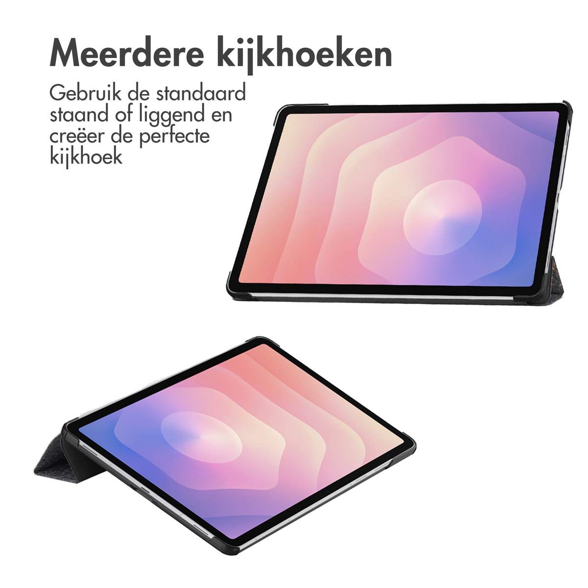 Er worden twee tablets met kleurrijke schermen getoond. De bovenste tablet is schuin, de onderste is plat.