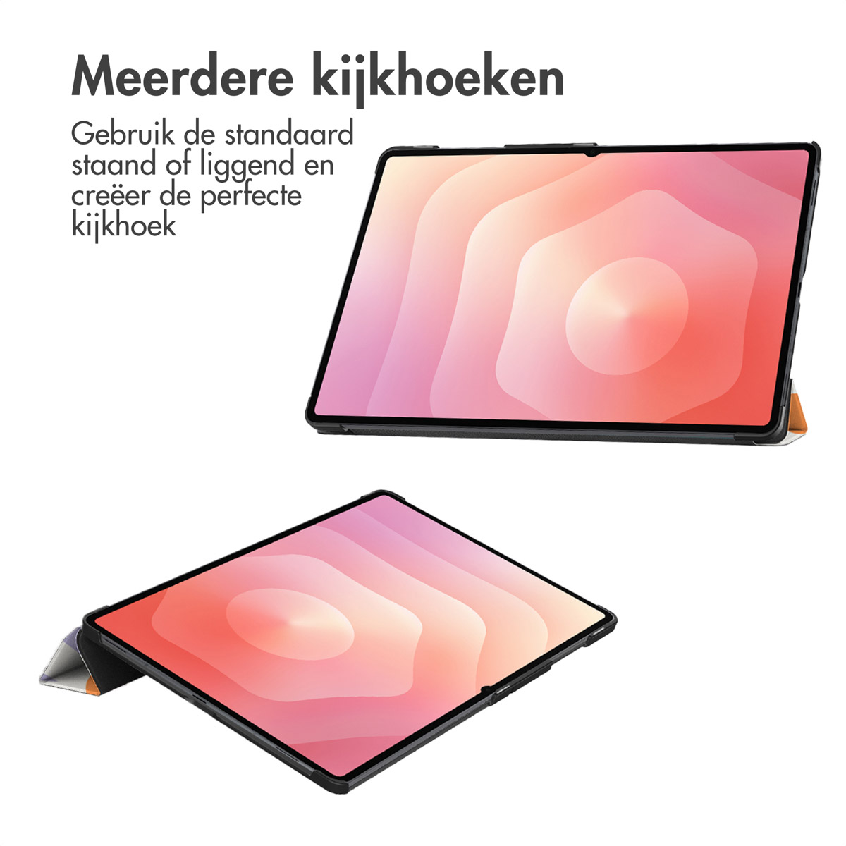 Two tablets with pink and orange gradient screens. One angled, one straight. Text above: Multiple viewing angles.