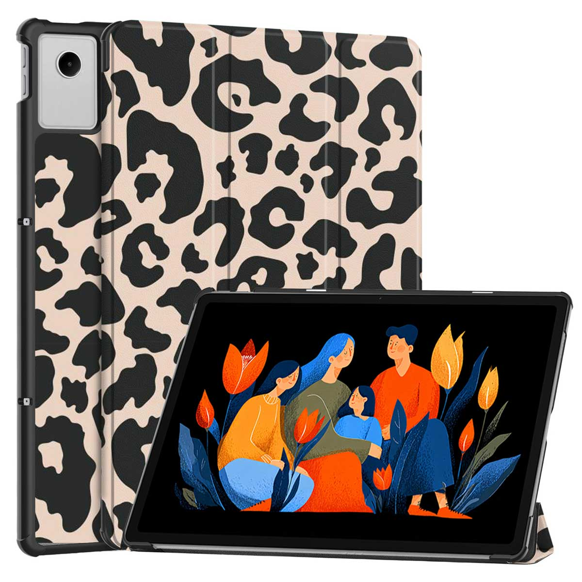 Een tablet met een luipaardprint hoes en een scherm met een familie-illustratie. De hoes is zwart en beige.