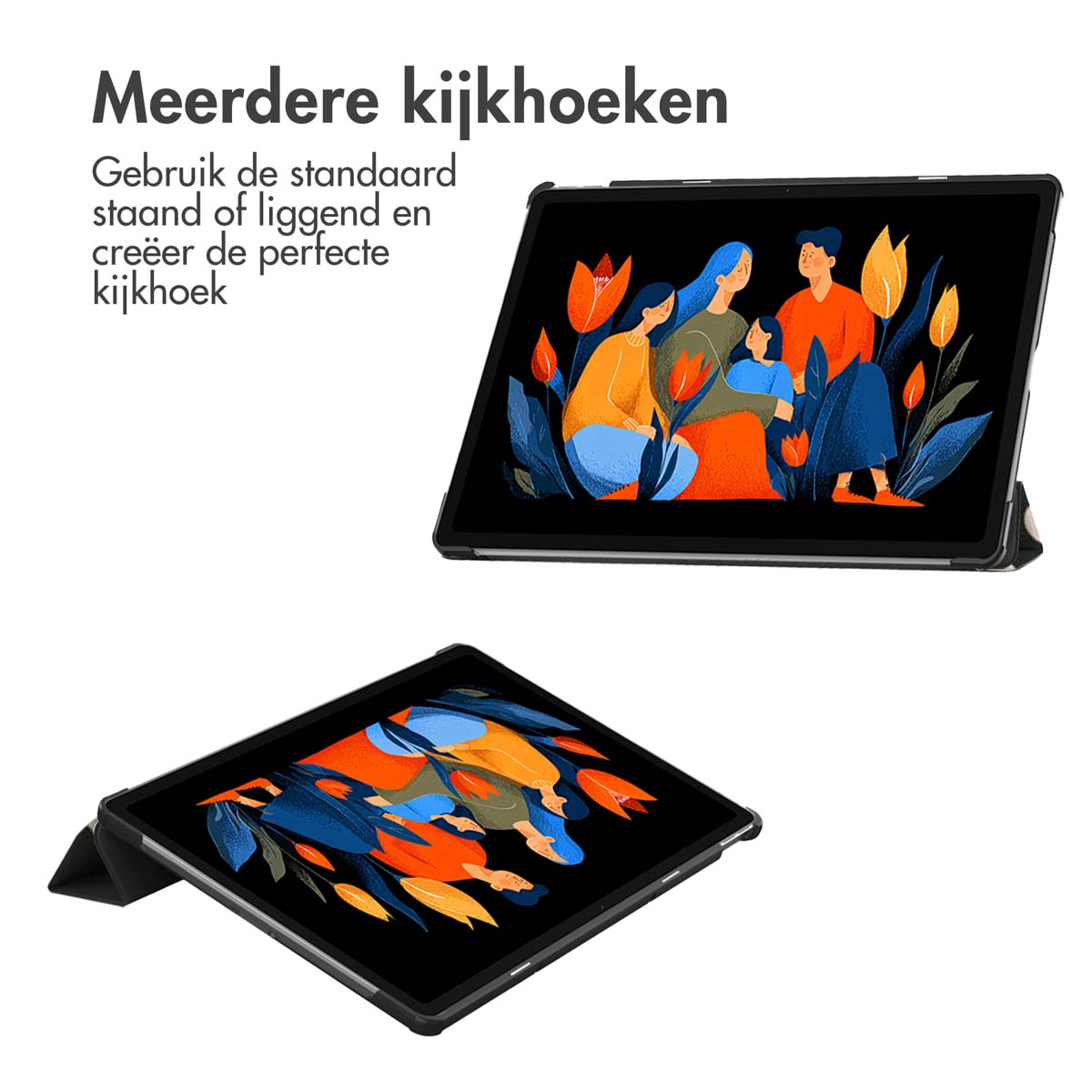 Twee tablets tonen een familie-illustratie op hun schermen. De tekst bovenaan luidt 'Meerder kijkhoeken'.