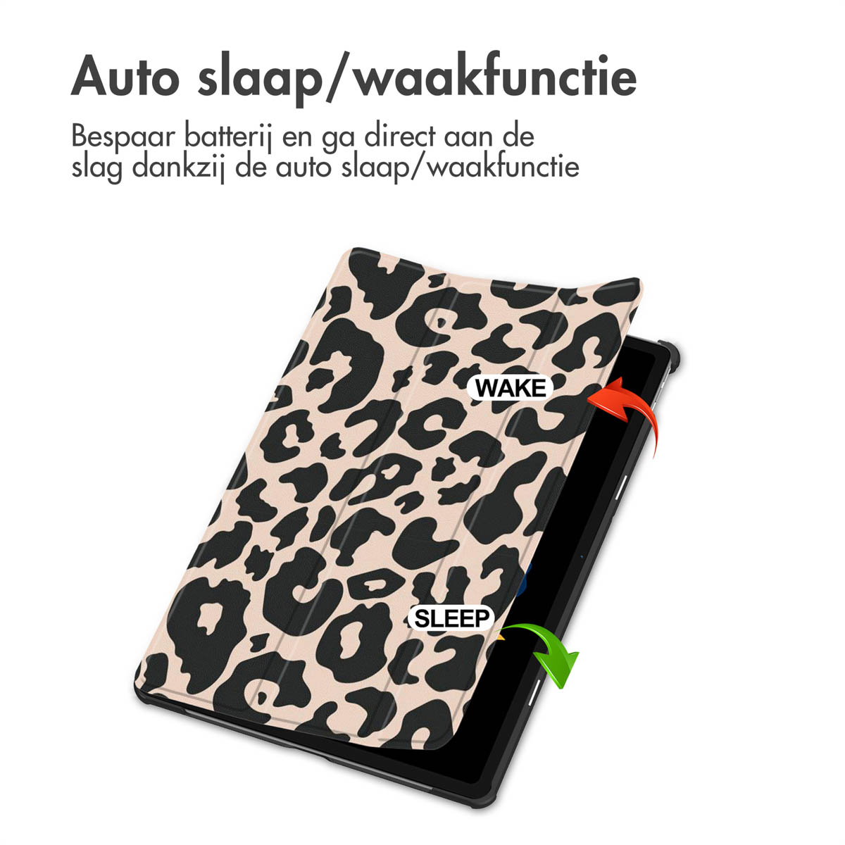 Tablethoes met luipaardprint. Tekst: Auto slaap/waakfunctie. Pijlen geven wake en sleep aan. Witte achtergrond.