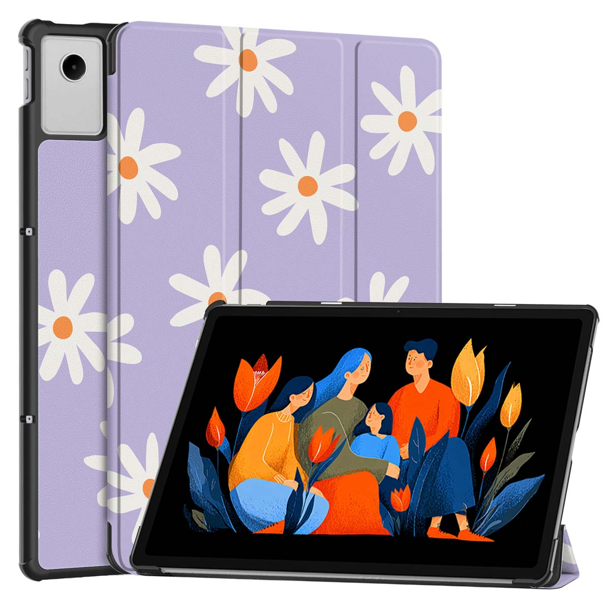 Tablet met een paarse madeliefjeshoes en een scherm met een familieportret tussen bloemen. De hoes is open, zwarte rand.