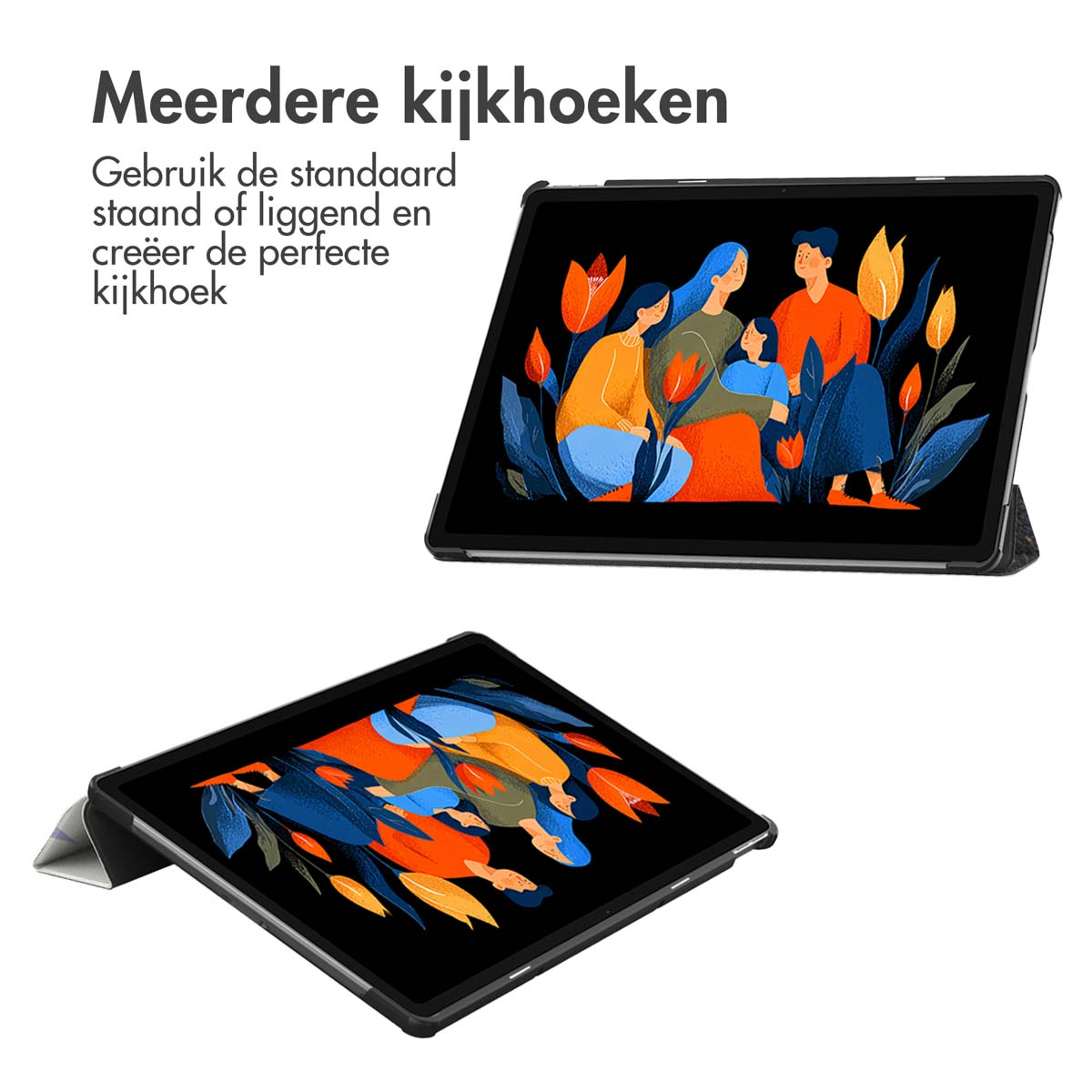 Twee tablets met illustraties van een gezin worden getoond. Eén staat rechtop, de ander is schuin. De tekst bovenaan zegt 'Meerdere kijkhoeken'.