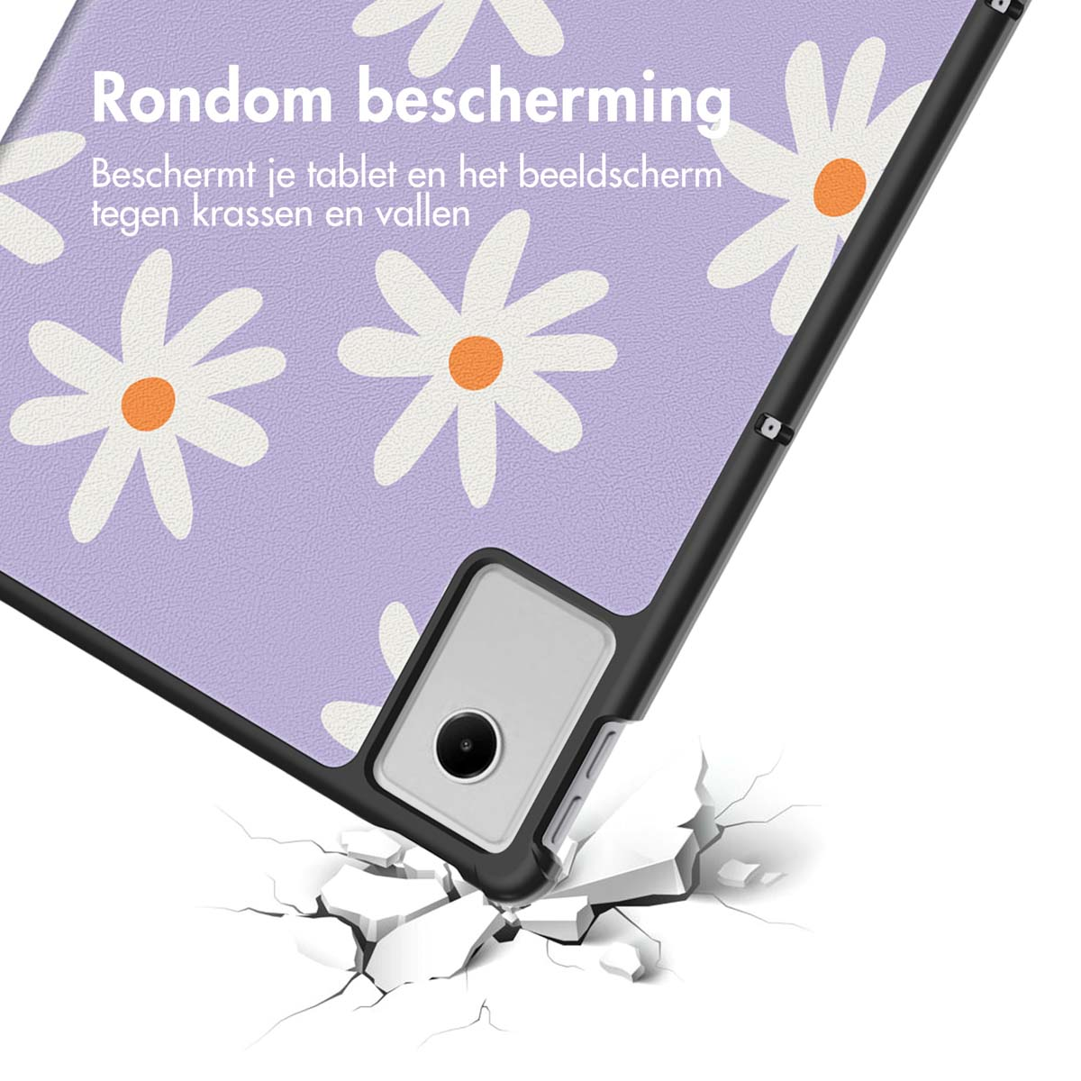 Een telefoonhoesje met madeliefjespatroon dat een oppervlak raakt en scheuren veroorzaakt. Tekst: 'Rondom bescherming'.