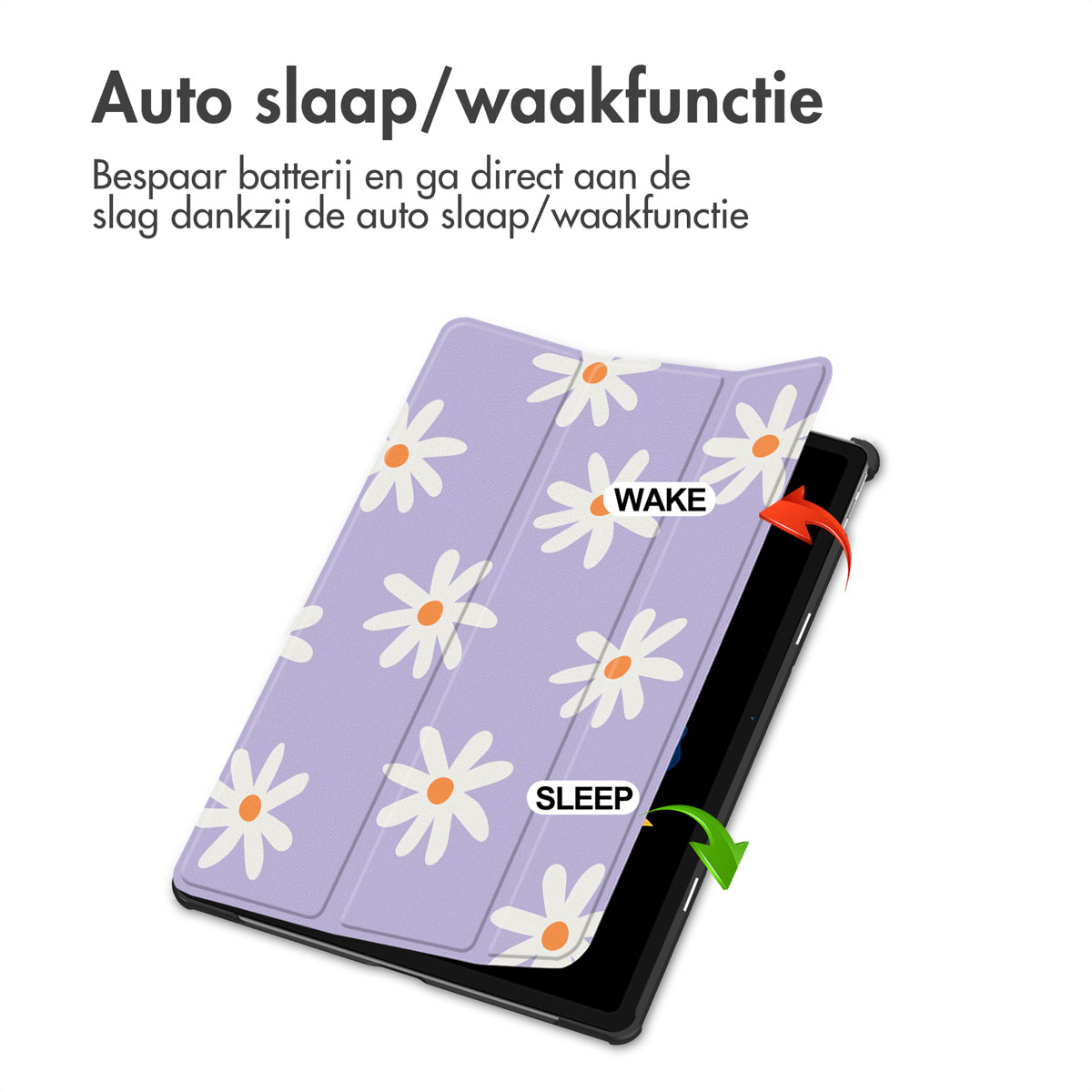 Een tablet met een hoesje met madeliefjespatroon. Pijlen geven de wake- en sleepfuncties aan. Nederlandse tekst.