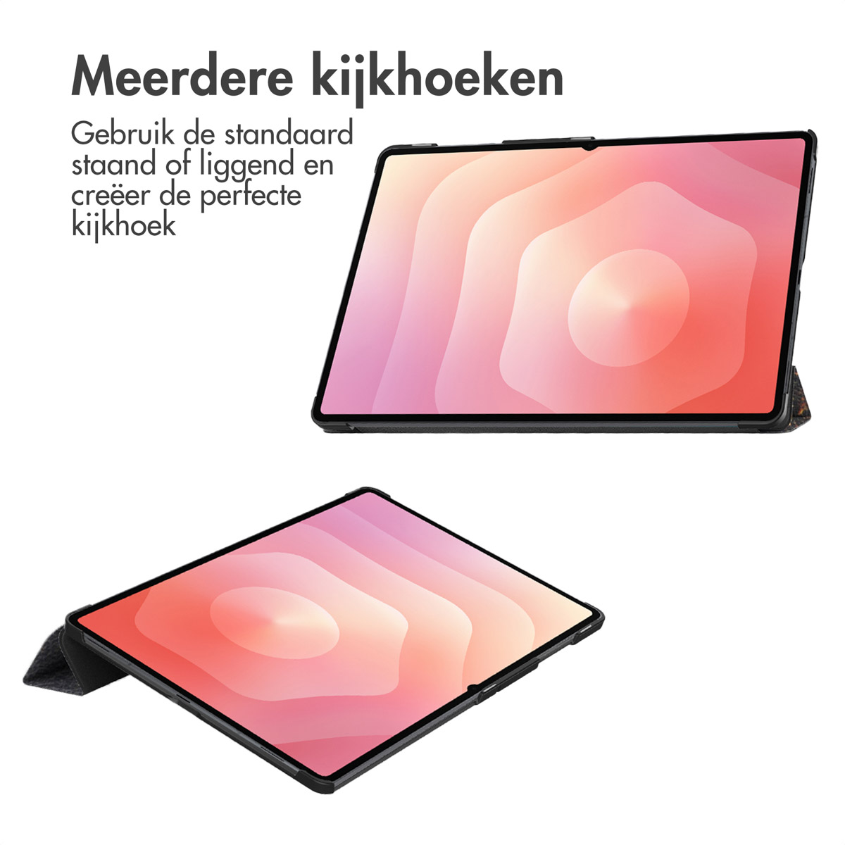 Two tablets on white. Text at top: "Multiple viewing angles." Tablets have pink and orange screens.