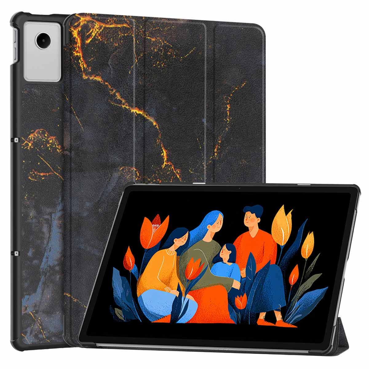 Tablet met zwarte en goudkleurige marmerachtige hoes. Het scherm toont een familie-illustratie met blauwe, oranje en groene tinten.