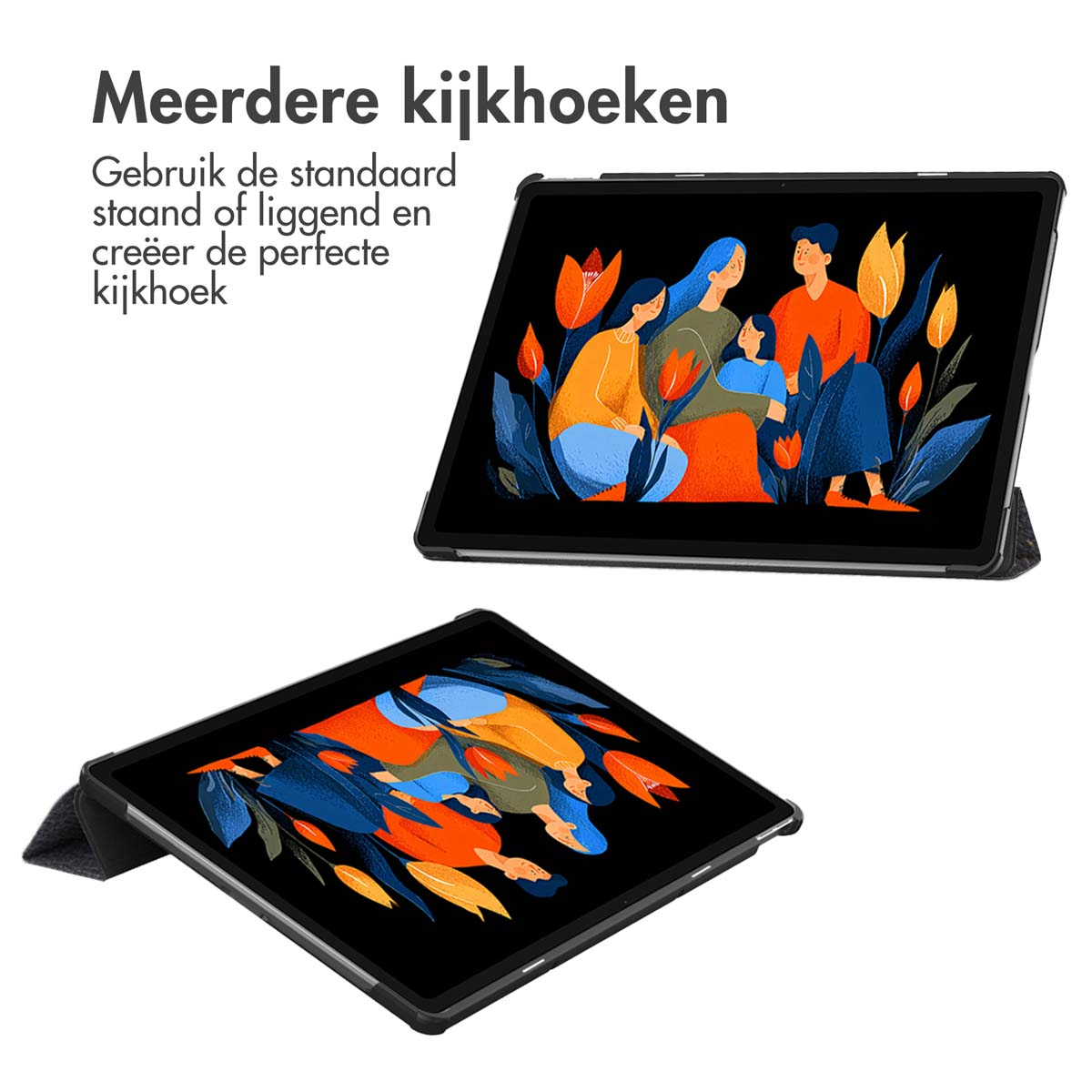 Twee tablets weergegeven. De schermen tonen familie-illustraties. Eén tablet is omhooggeklapt, de andere ligt plat.