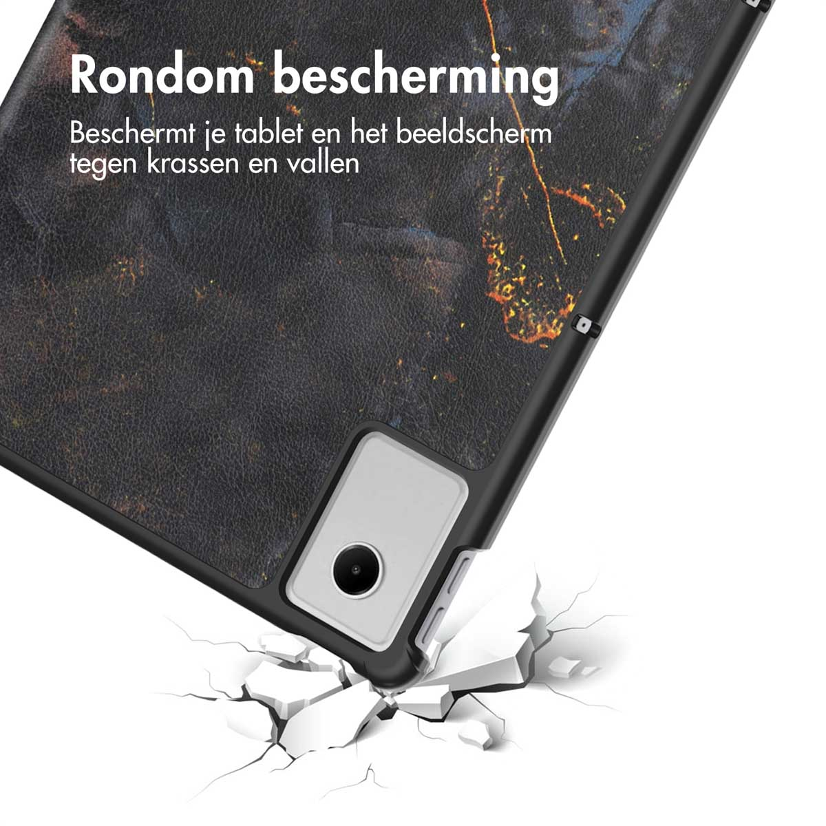 Tabletcase in een hoek, die impactbescherming laat zien. Zwarte case met een textuurpatroon. Wit oppervlak gebarsten door impact.