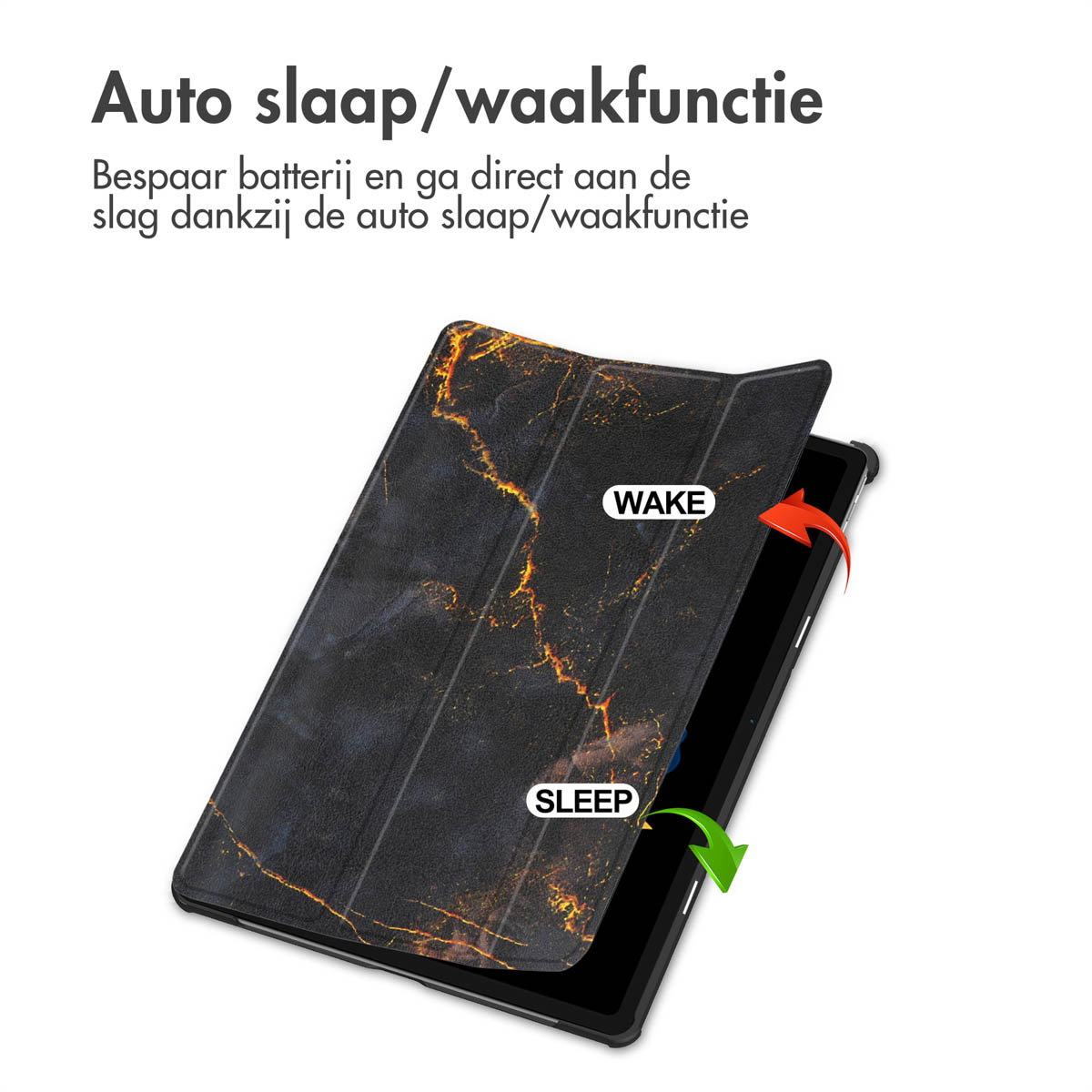 Tablethoes met open klep die de functies 'WAKE' en 'SLEEP' toont. Zwart en goud marmer ontwerp. Pijlen geven open- en sluitacties aan.