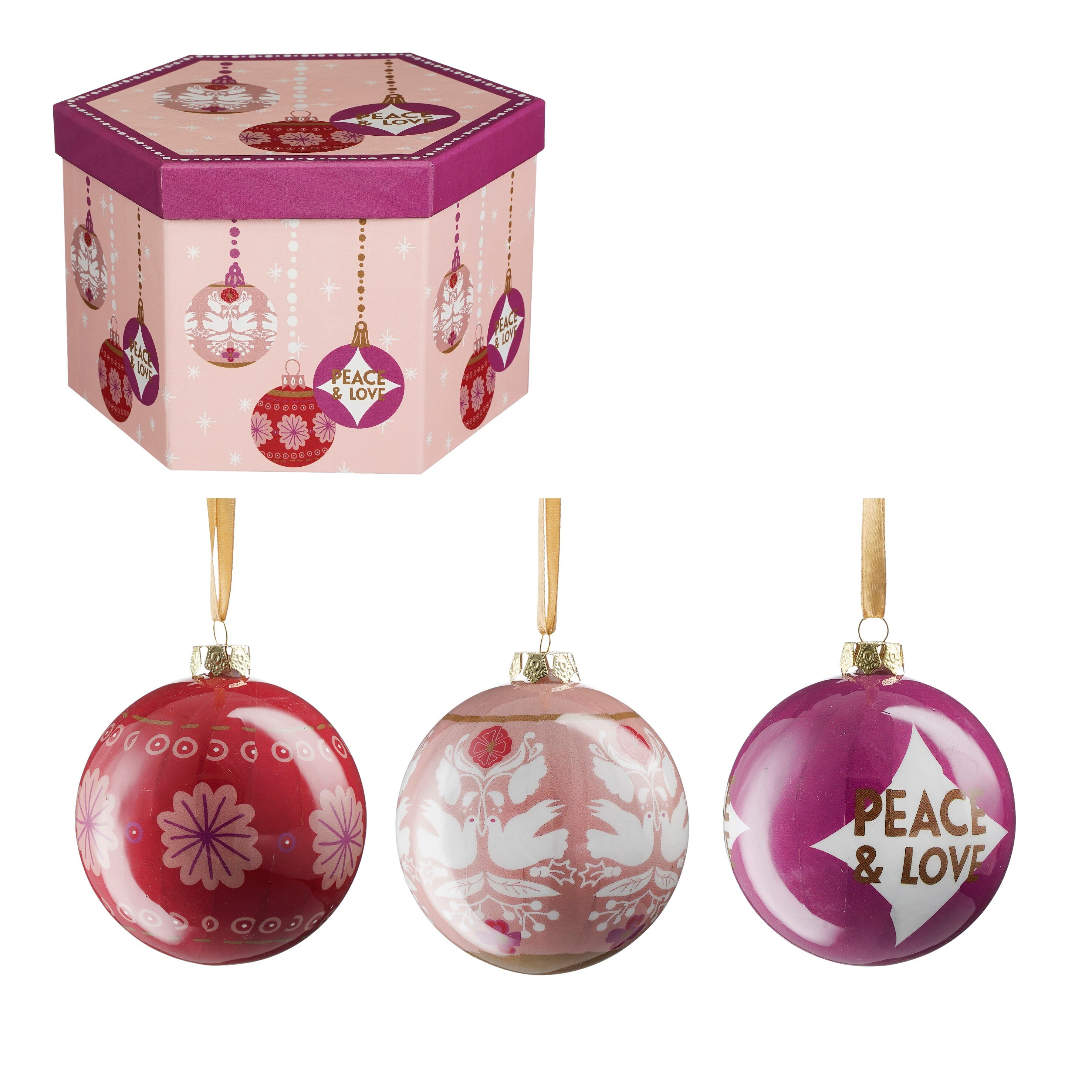 Roze zeshoekige doos met kerstbaldecoraties. Er hangen drie kerstballen onder. Eén zegt 'Peace & Love'.