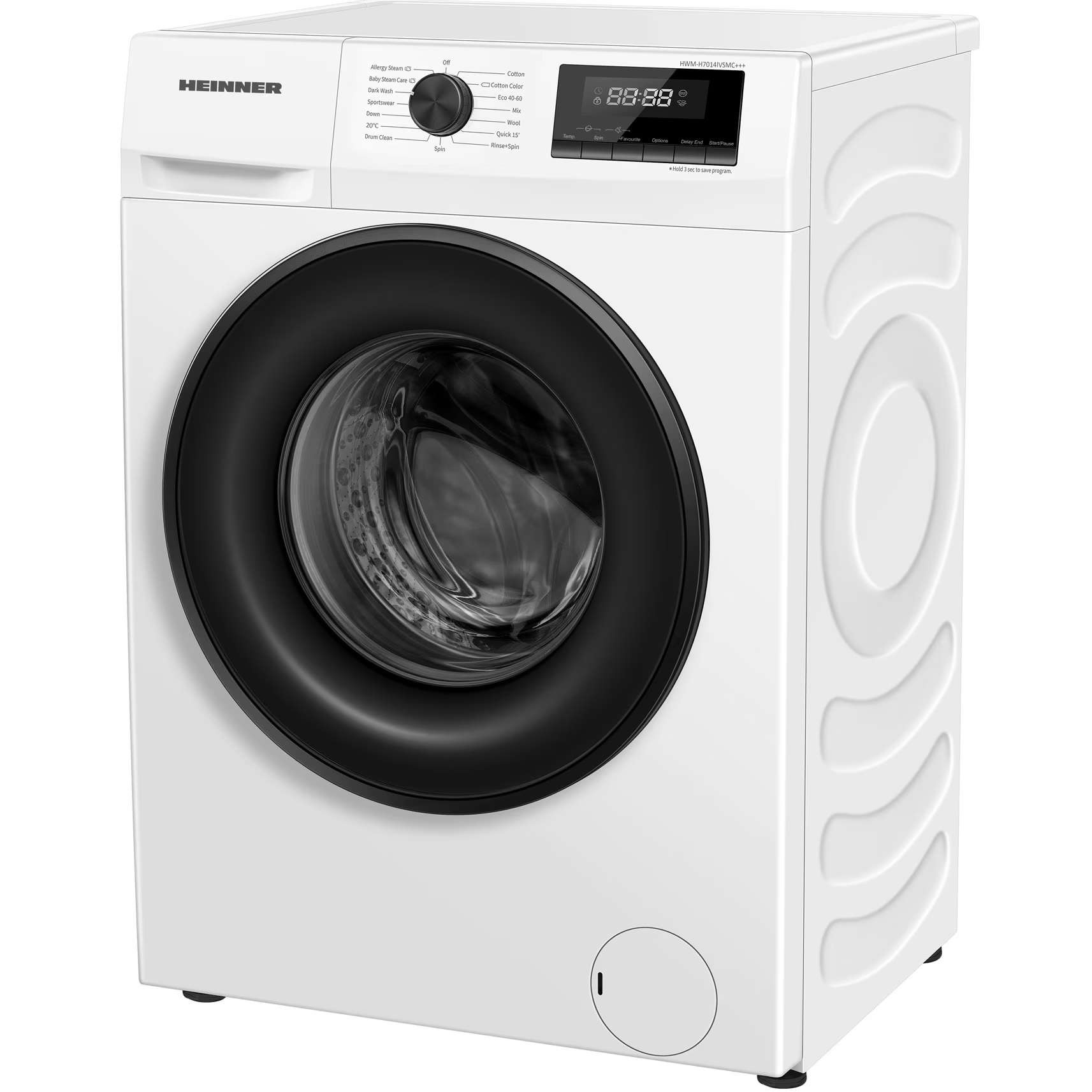 Weiße Waschmaschine mit schwarzer Tür. Sie hat ein Bedienfeld und eine Digitalanzeige mit Zahlen.
