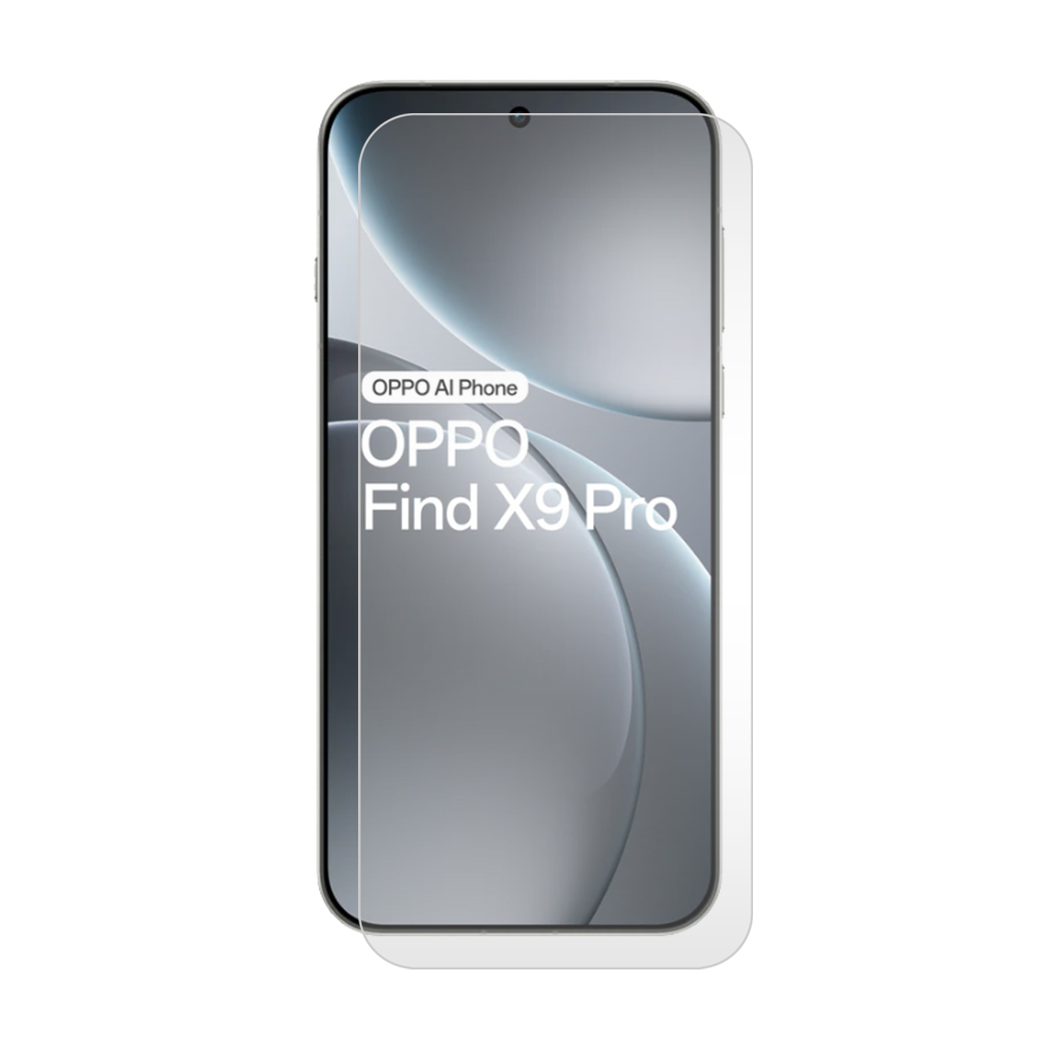 A smartphone with a screen protector. The phone is silver with the text "OPPO Find X9 Pro" and "OPPO AI Phone".