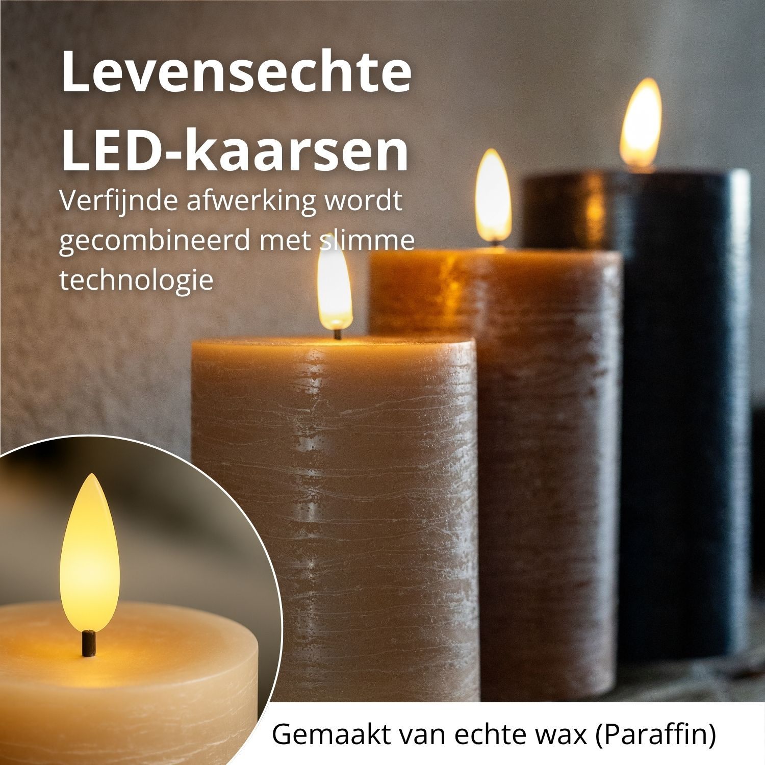Vier LED-kaarsen in verschillende kleuren branden. Tekst zegt 'Realistische LED-kaarsen' en 'Gemaakt van echte was'.