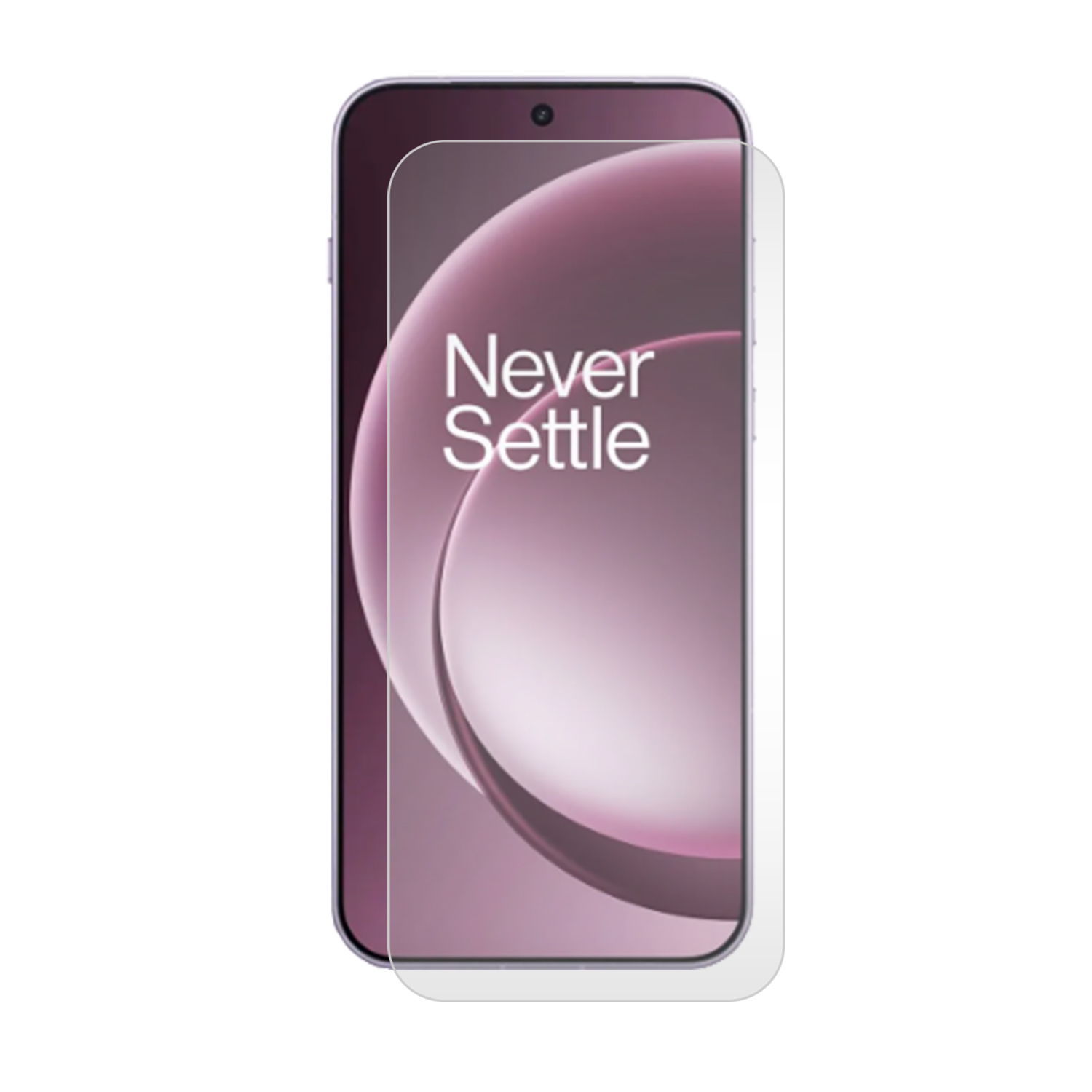 Un smartphone avec un protecteur d'écran. L'écran affiche un design rose et violet avec les mots 'Never Settle'.