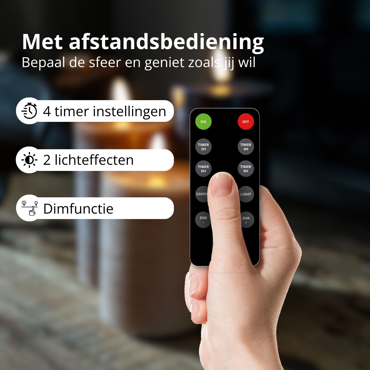 Een hand houdt een zwarte afstandsbediening vast. Knoppen omvatten timerinstellingen, dimfunctie en lichteffecten. Nederlandse tekst is zichtbaar.