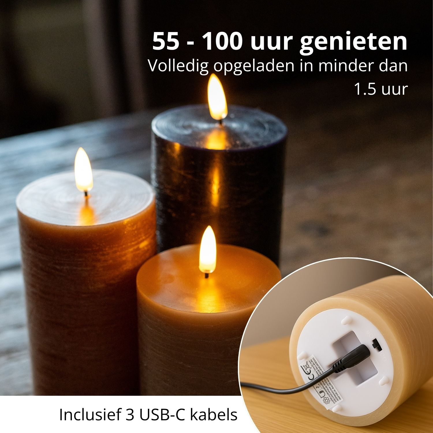 Drie brandende kaarslichten, met USB-C-kabel. Tekst: 55-100 uur genieten, volledig opgeladen in minder dan 1,5 uur. Inclusief 3 USB-C-kabels.