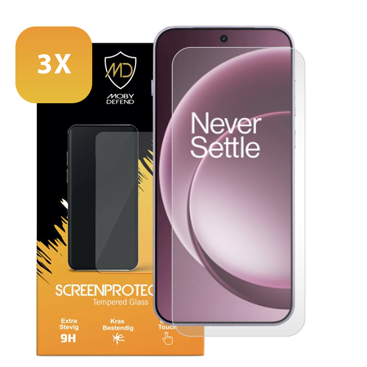 Un téléphone avec protecteur d'écran, emballage avec texte 'SCREENPROTECT' et étiquette '3X'.