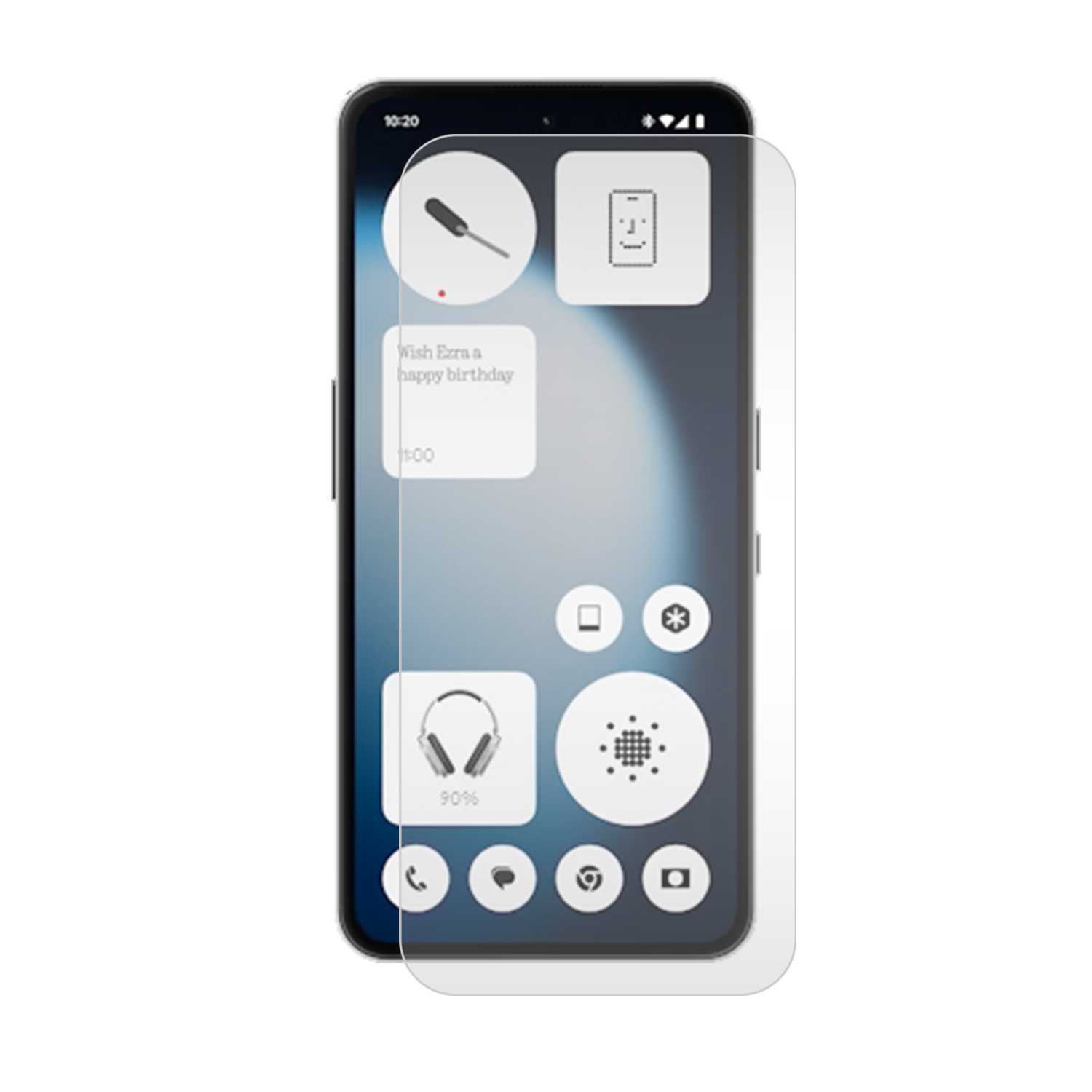 Een smartphonescherm toont widgets. Een schroevendraaier, een telefoonicoon, een verjaardagsbericht en andere app-iconen zijn zichtbaar.