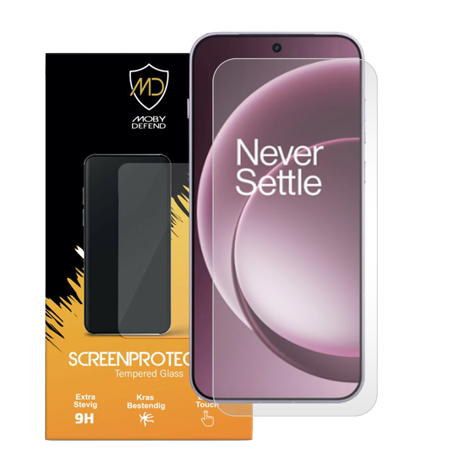 Een telefoon met schermbeschermer. Op de doos staat 'SCREENPROTE'. De telefoon toont 'Never Settle'. De beschermer is helder, de telefoon is paars.