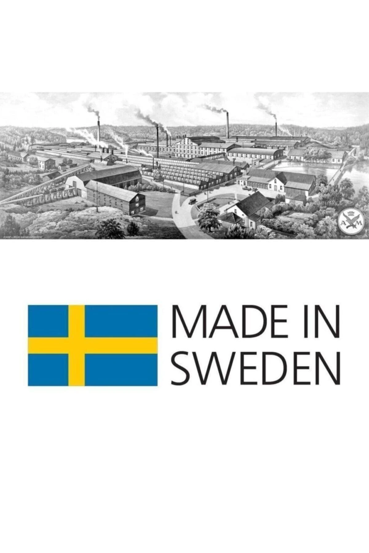 Bir endüstriyel kompleksin siyah beyaz illüstrasyonu. Aşağıda İsveç bayrağı ve 'MADE IN SWEDEN' metni.