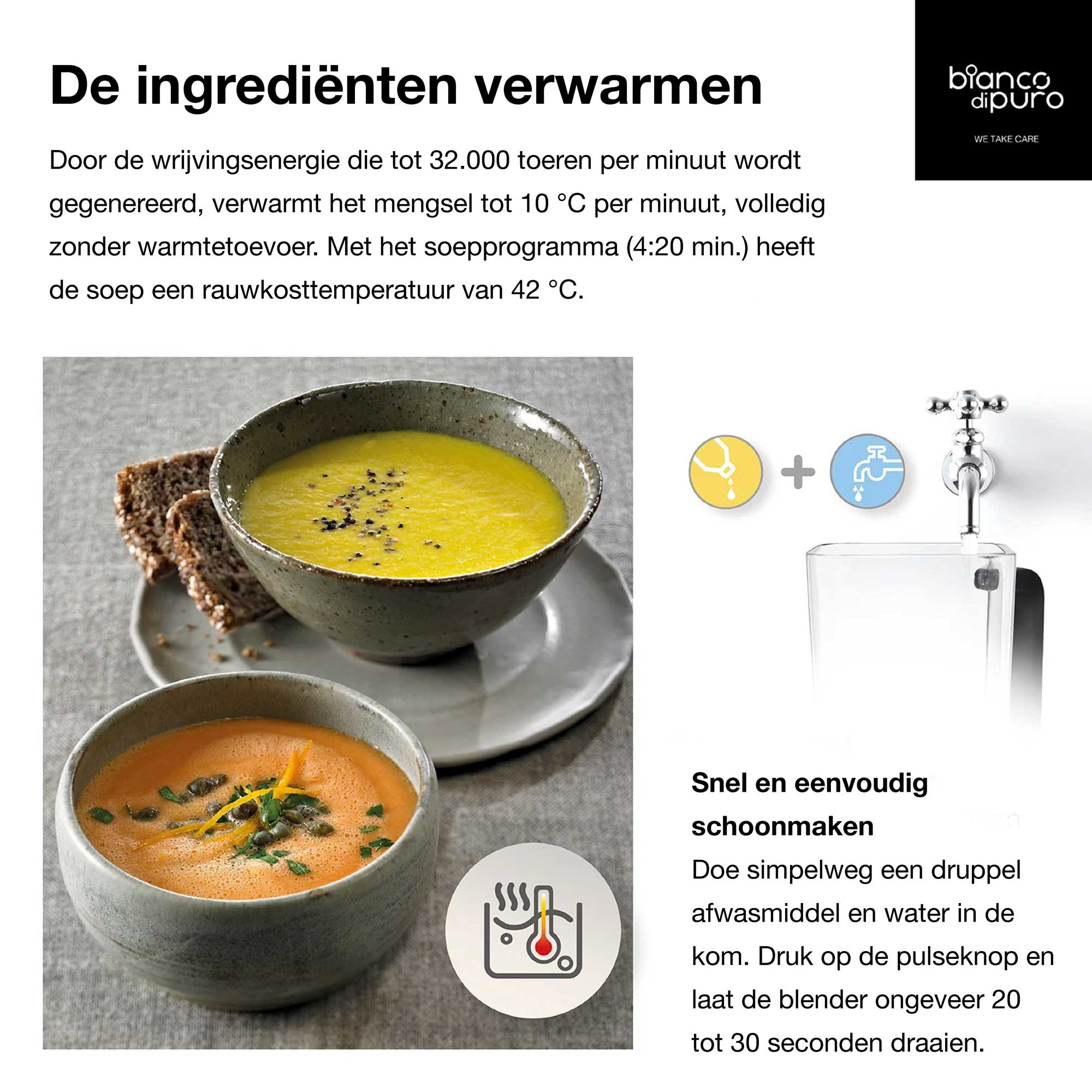 Twee kommen soep, één geel, één oranje, met brood. Tekst over het verwarmen van ingrediënten en schoonmaken.