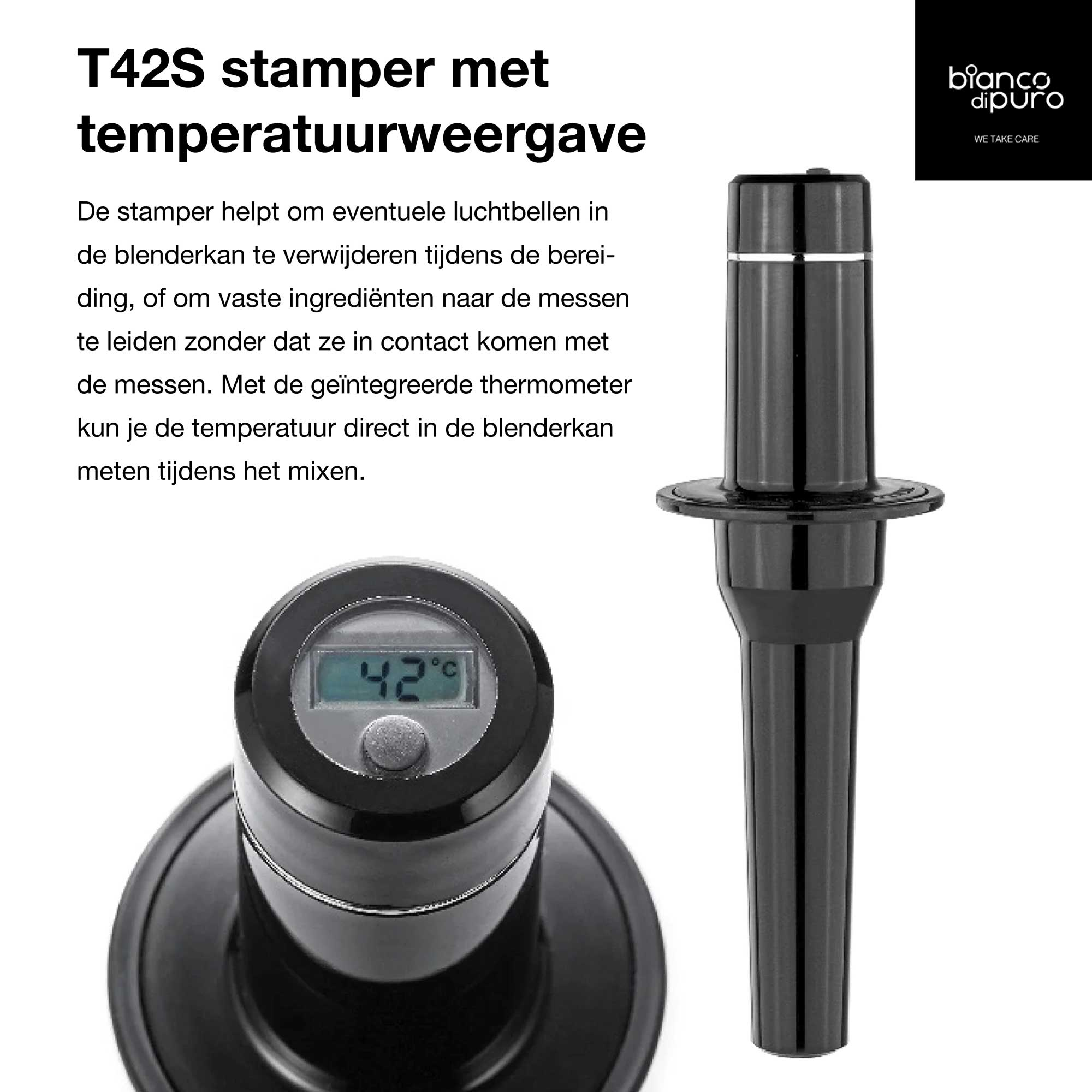 Zwarte stamper met temperatuurweergave. Het display toont 42 graden. Een wit logo rechtsboven.