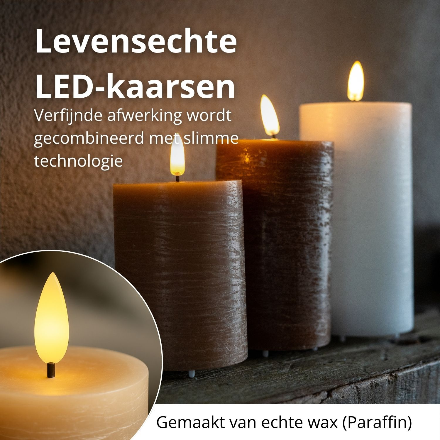 Drei LED-Kerzen mit flackernden Flammen. Eine ist weiß, eine braun und eine dunkler braun. Text sagt 'LED-Kerzen'.