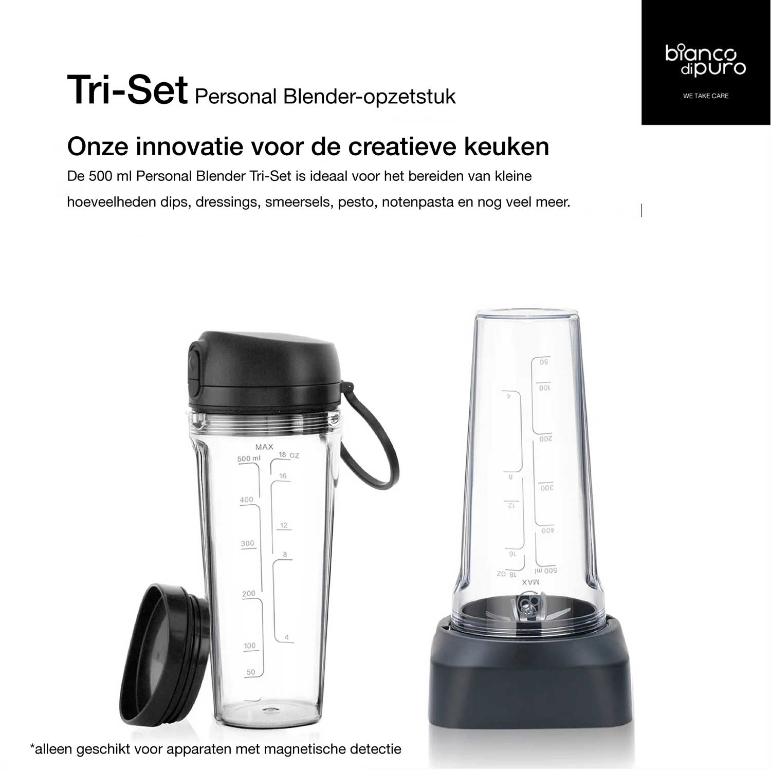 Een persoonlijke blender set met een zwart deksel en basis, en een transparante container met metingen. Tekst bovenaan en een logo rechts.
