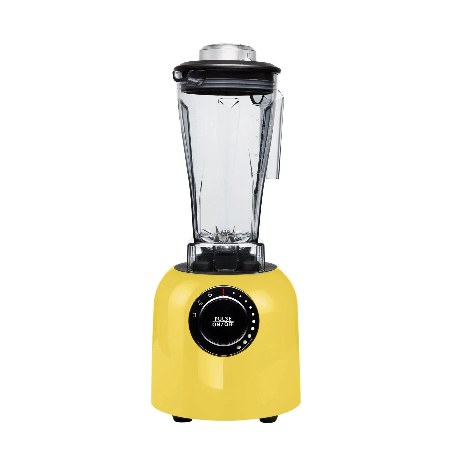 Een gele blender met een doorzichtige container en een zwart deksel wordt weergegeven op een witte achtergrond. De blender heeft een puls aan/uit-knop.