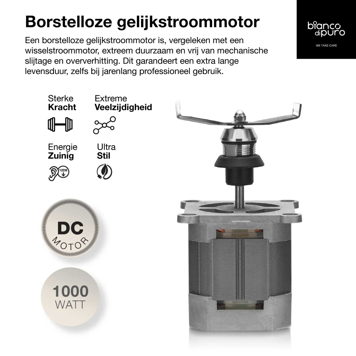 Een DC-motor, zilver en grijs, met een mesje bovenop. Tekst bevat 'DC Motor' en '1000 Watt'. Witte achtergrond.