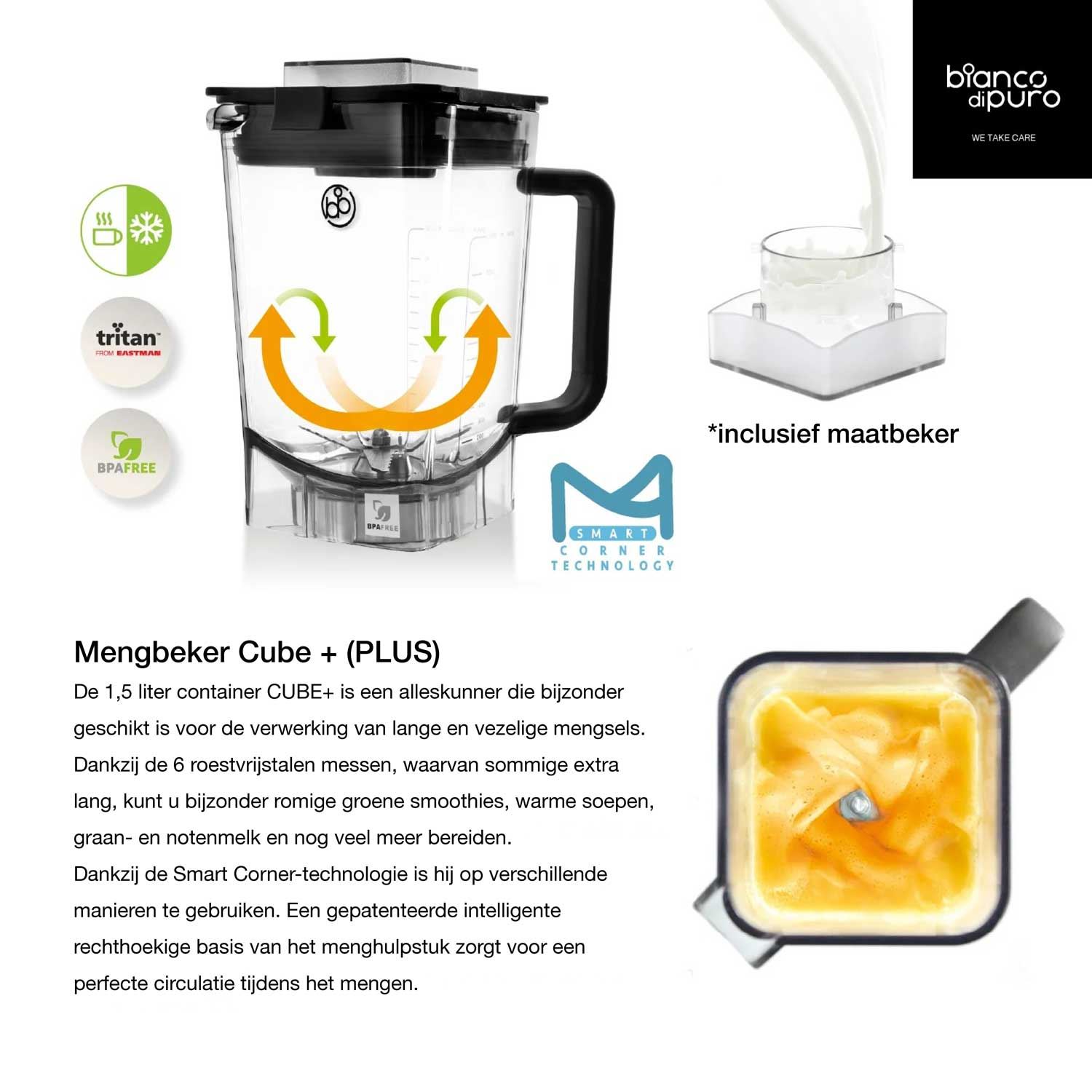 Blender met een zwarte handgreep, een transparante container en een maatbeker. De blender is ontworpen om smoothies te maken.