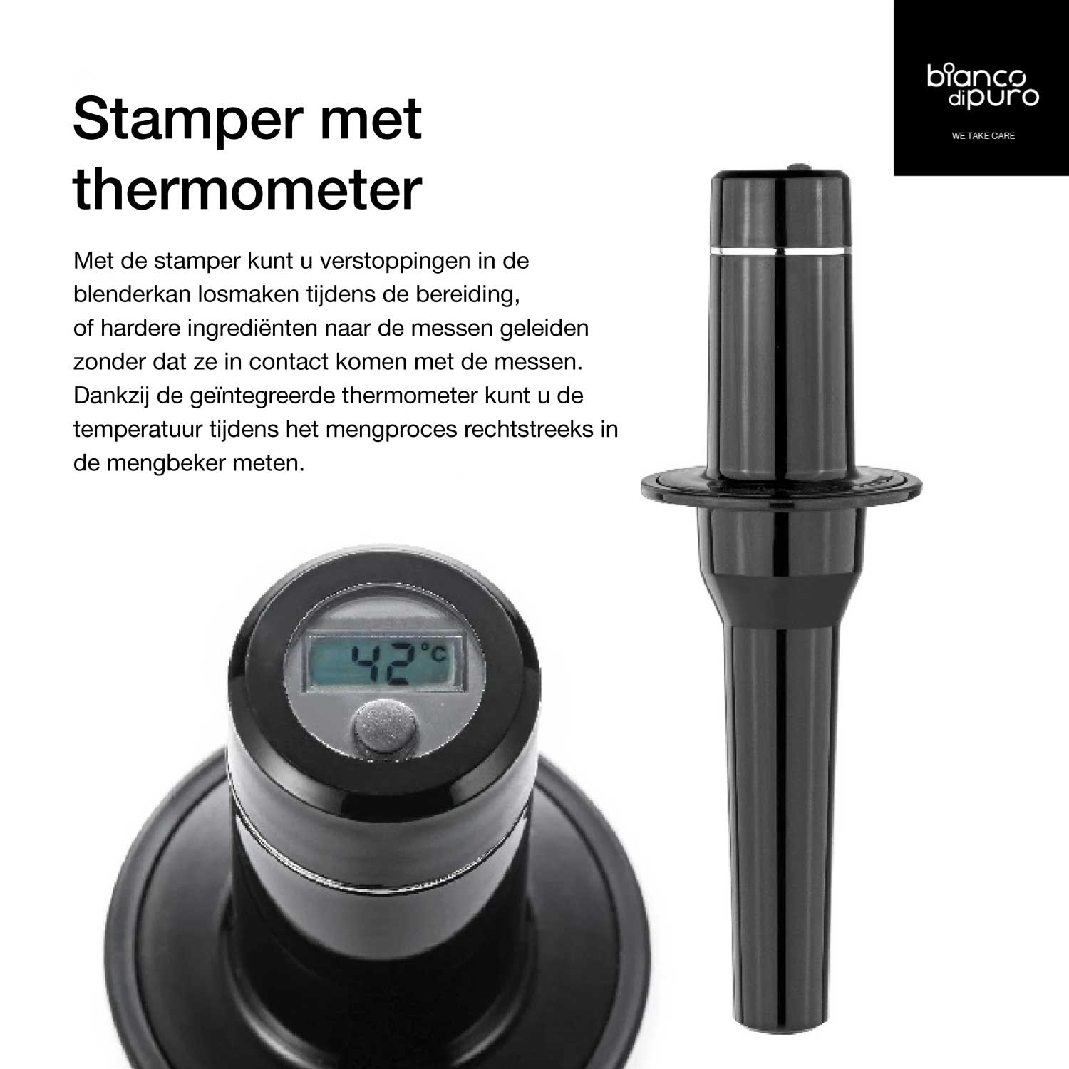 Een zwarte blenderstamper met een geïntegreerde thermometer die 42 graden weergeeft. De Nederlandse tekst beschrijft het gebruik ervan.