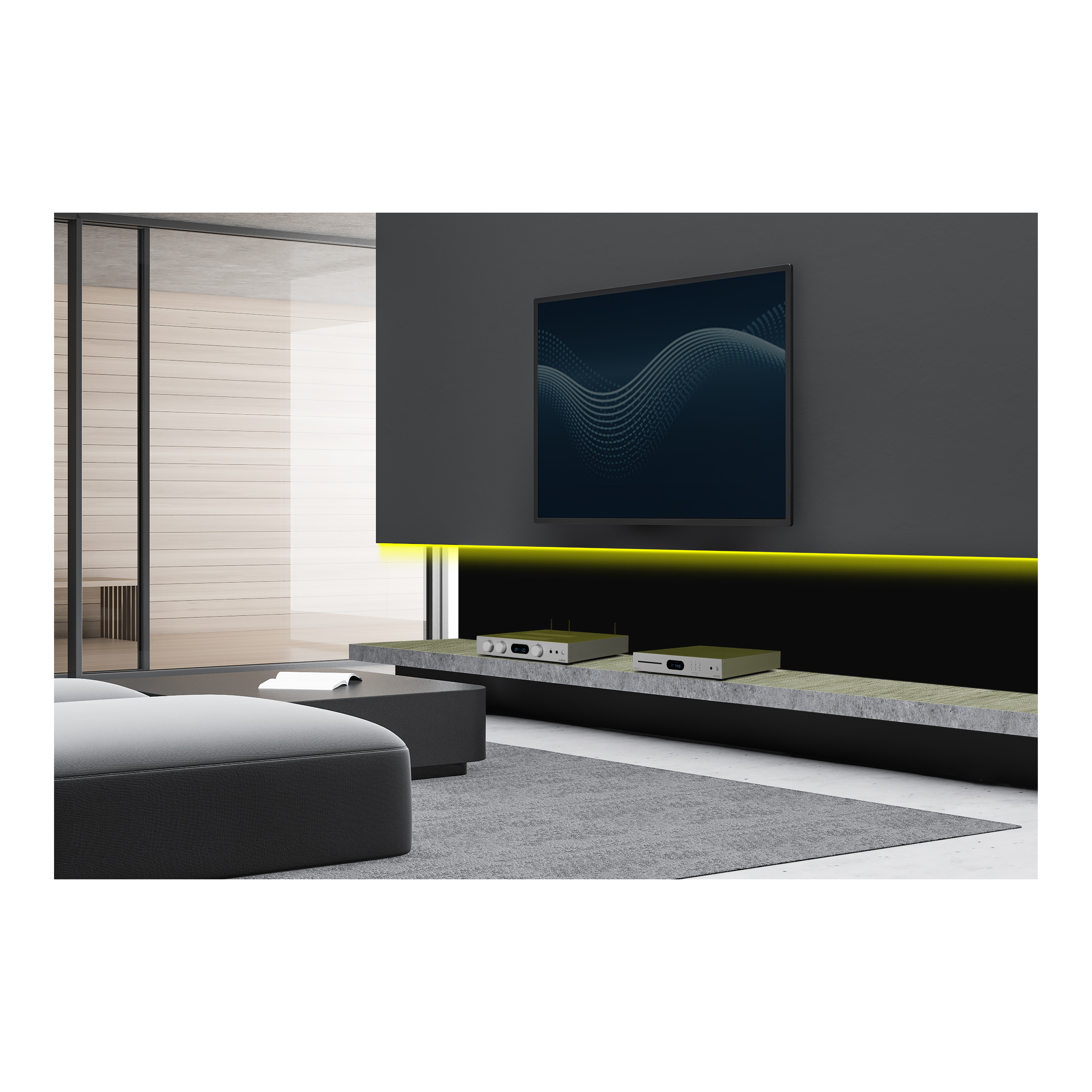 Woonkamer met tv, bank en vloerkleed. Tv toont een stippellijn patroon. Inclusief componenten van het entertainmentsysteem.