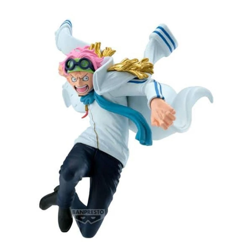 Una statuetta di un uomo in azione. Indossa un cappotto bianco, una sciarpa blu e pantaloni scuri. I suoi capelli sono rosa e ha occhiali verdi.