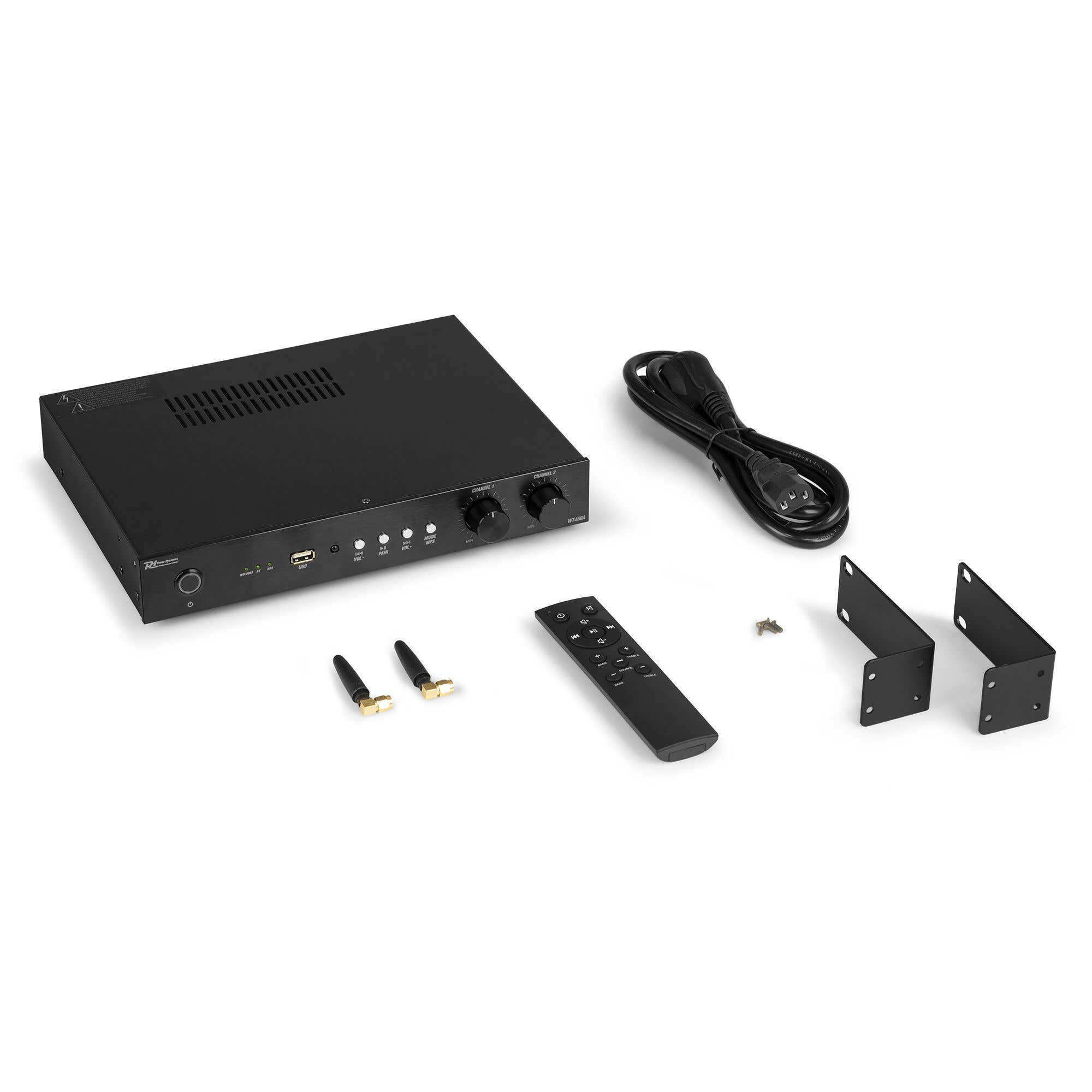 Receptor de audio negro con accesorios sobre fondo blanco. Incluye cable de alimentación, mando a distancia, antenas, soportes y tornillos.