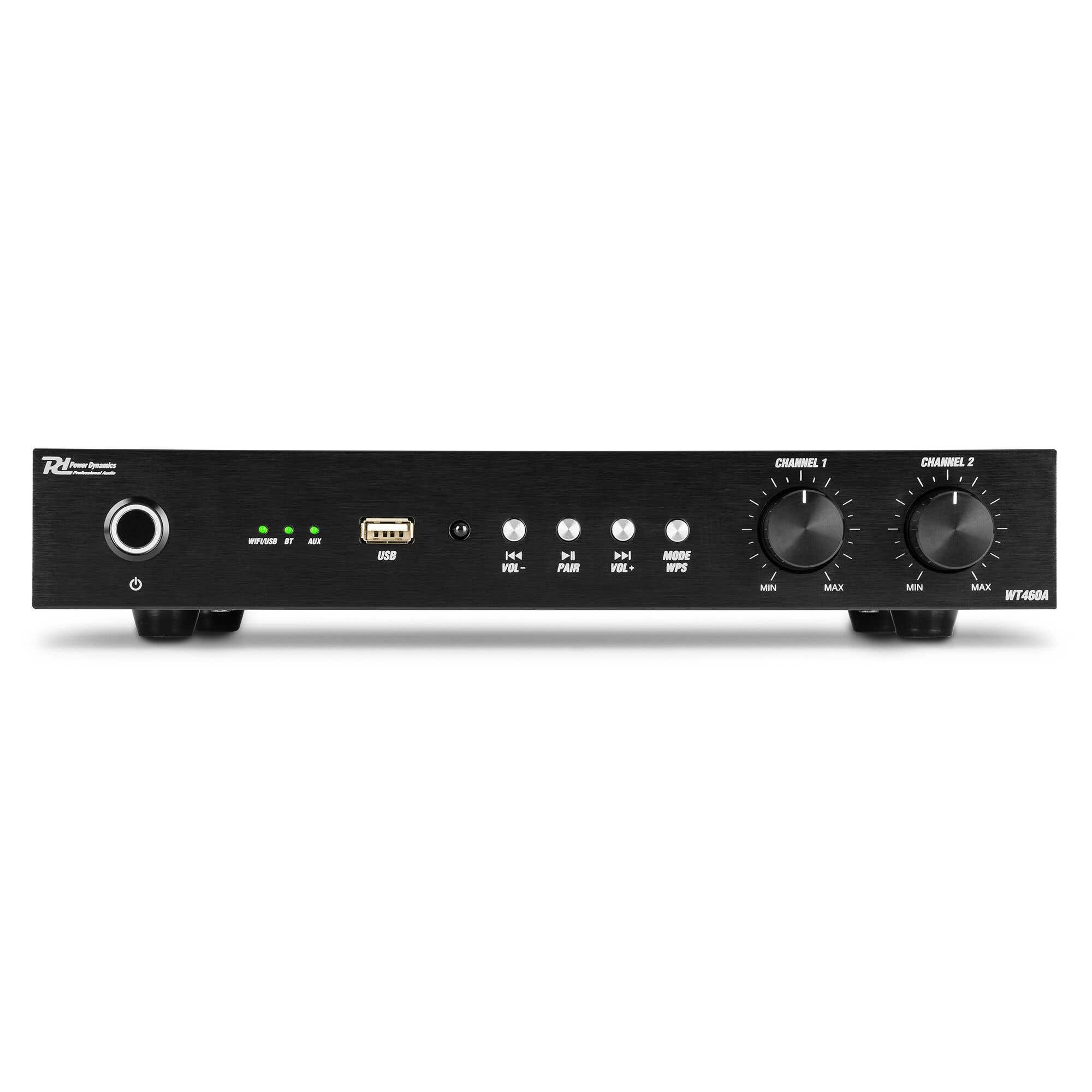 Receptor de audio negro con perillas, botones y puerto USB. Texto incluye 'Power Dynamics', 'USB' y 'Canal 1 & 2'.